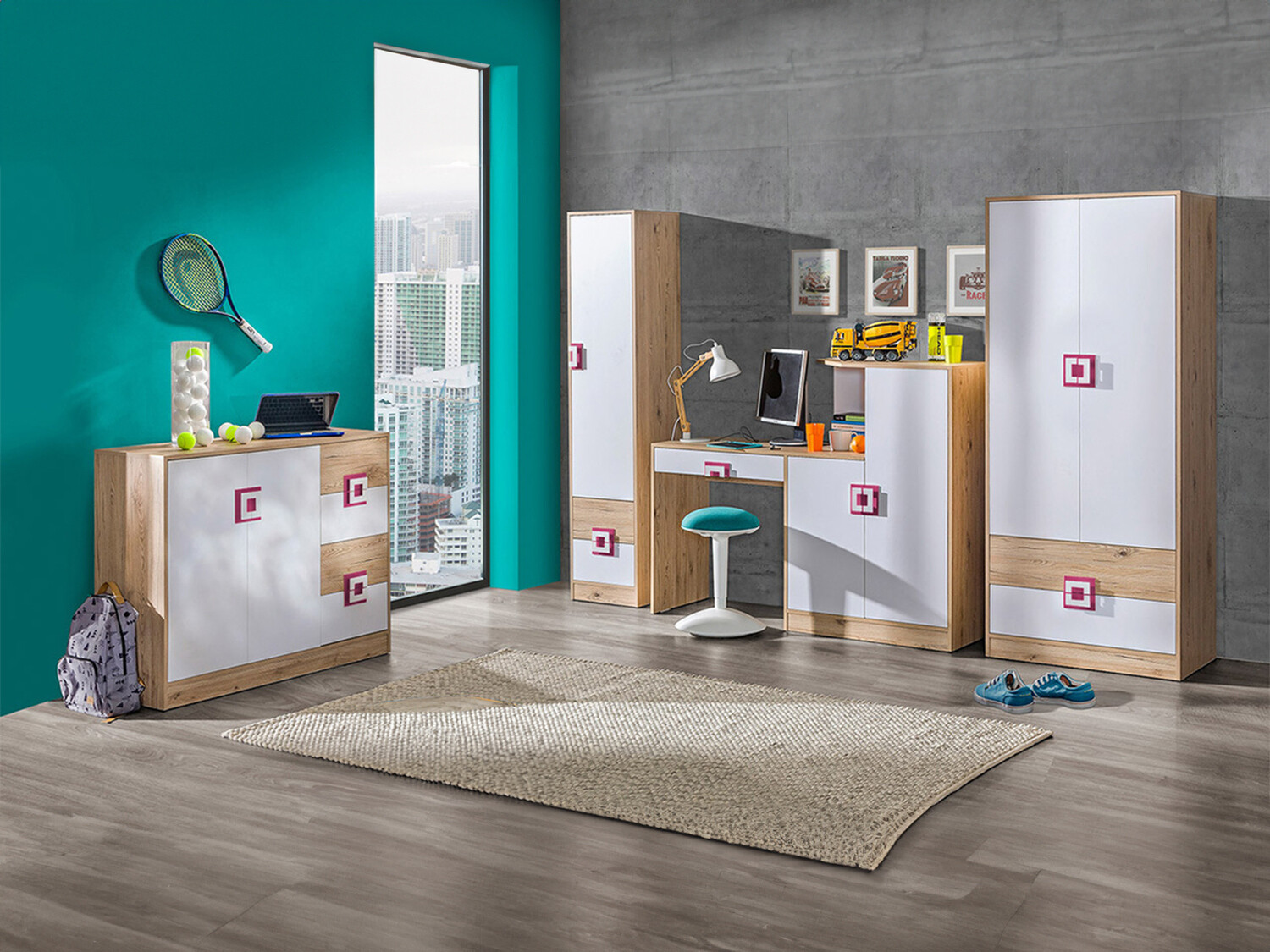 Kinderzimmer-Set Balvire 114 (Eiche hell + Weiss + Rosa)