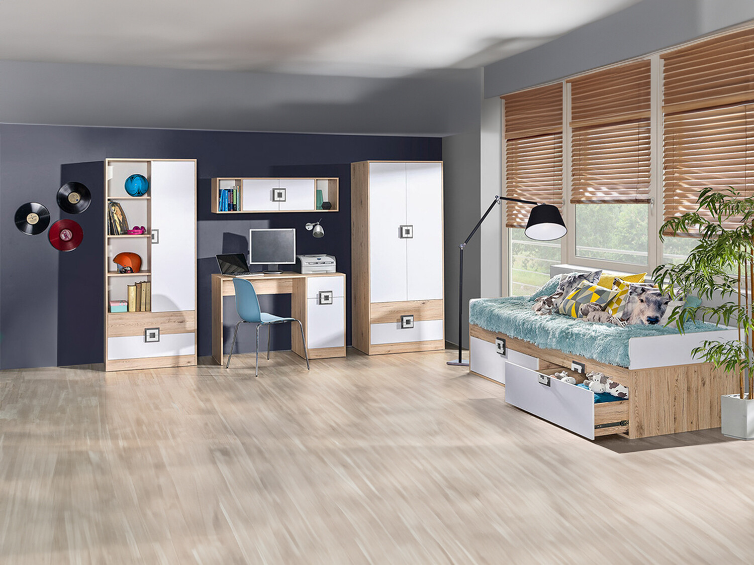 Kinderzimmer-Set Balvire 116 (Eichenholzoptik hell + Weiss + Grau)