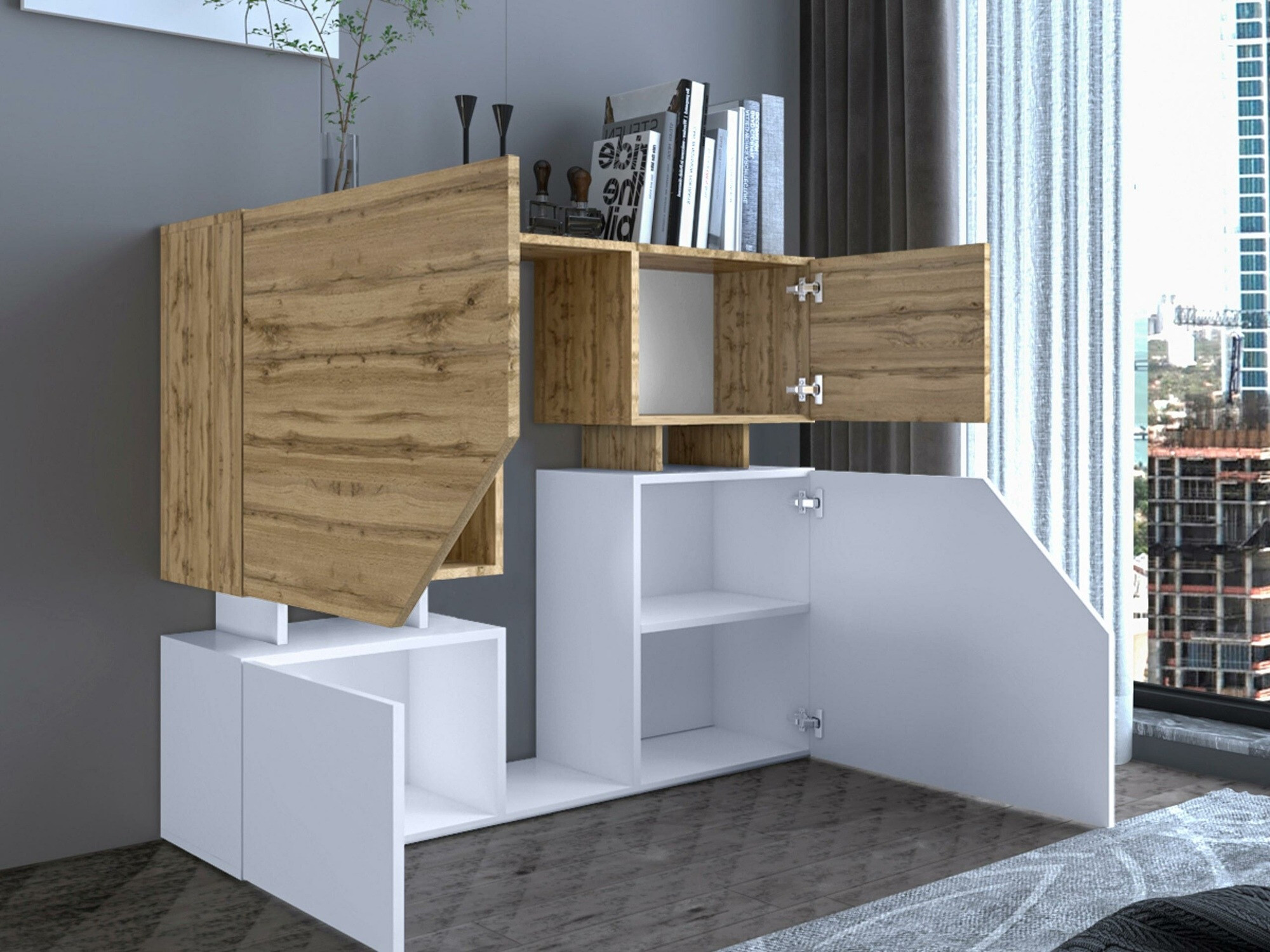 Wohnzimmer-Set Comfivo Daldune II (Weiss + Wotan-Eiche)