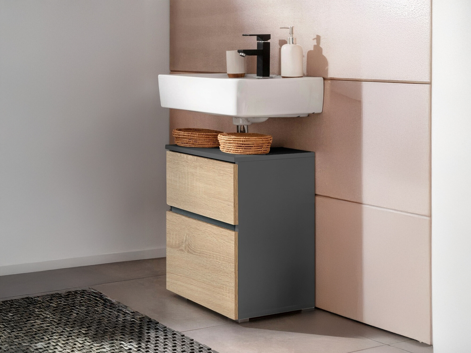 Stehender Badezimmerschrank für ein Waschbecken Soncamu 103 (Anthrazit + Eichenholzoptik)