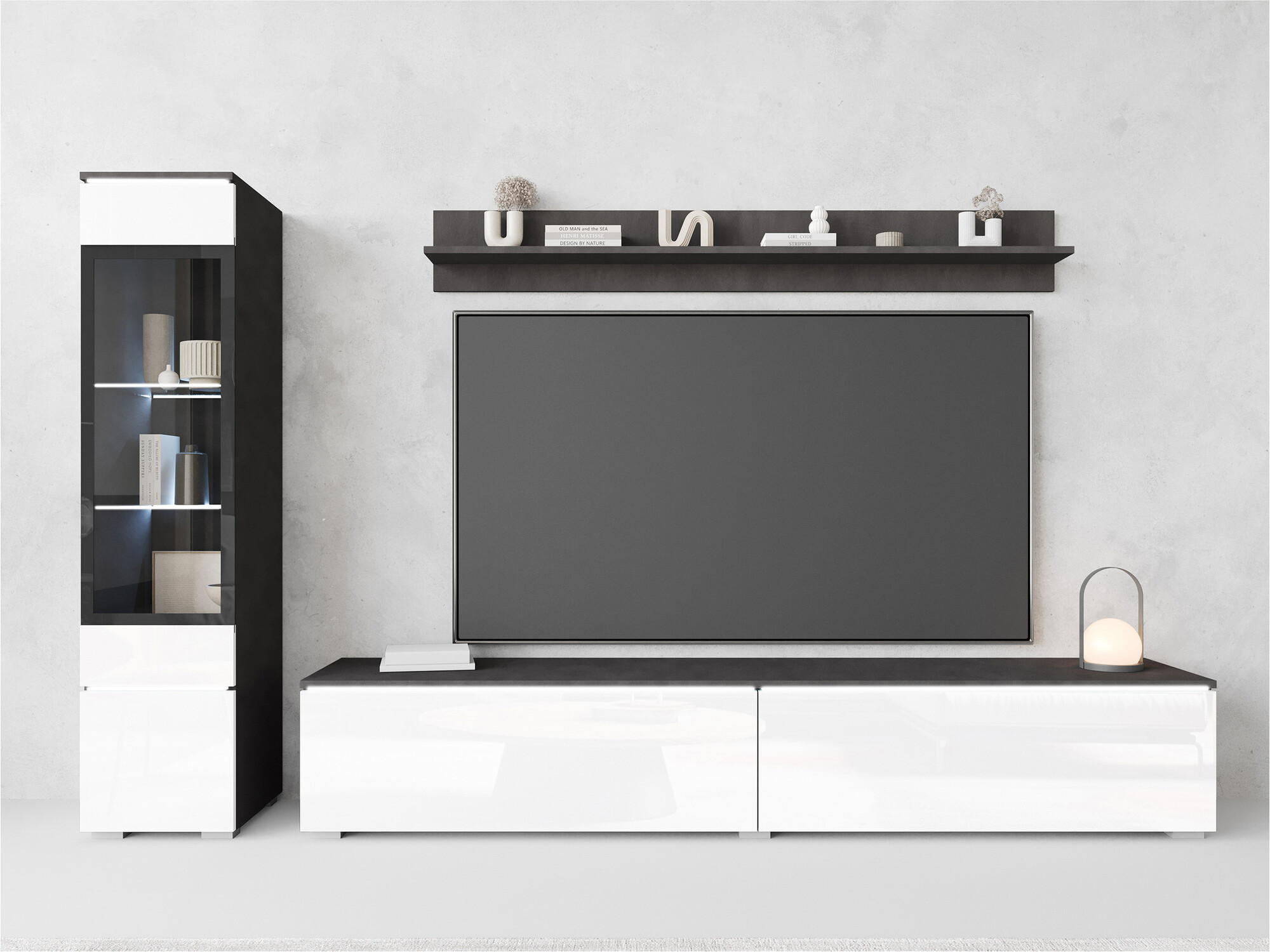 Wohnzimmer-Set Mirfivo 100 (Matera grau + Weiss glänzend)