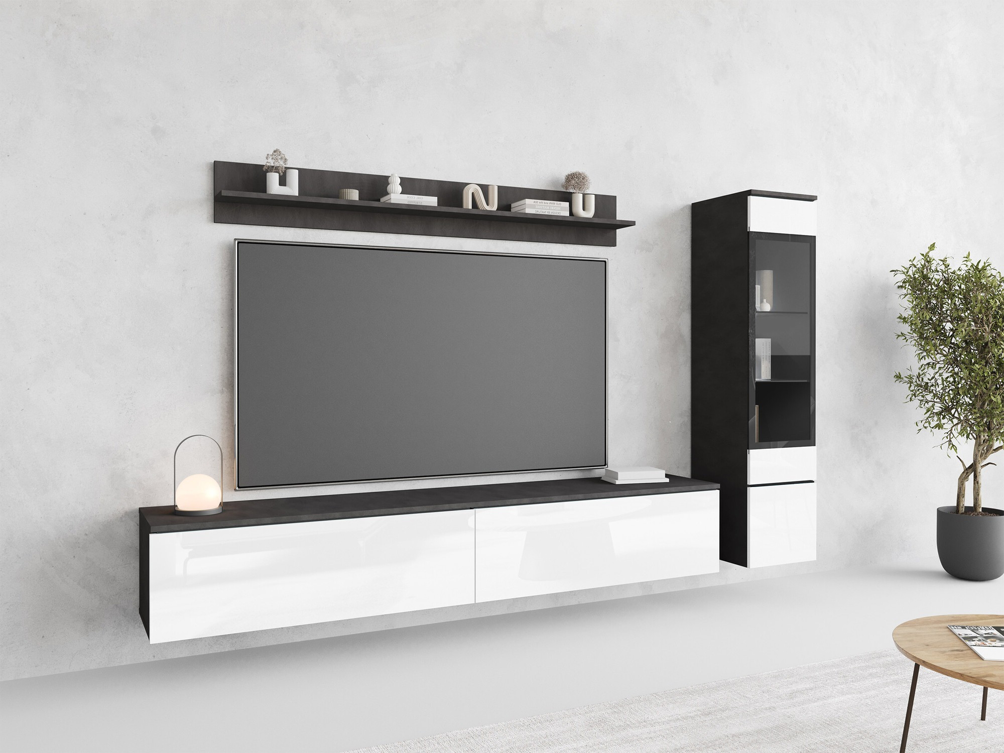 Wohnzimmer-Set Mirfivo 100 (Matera grau + Weiss glänzend)