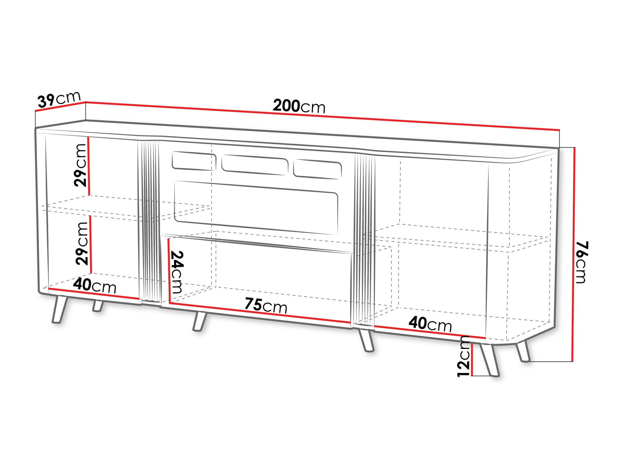 Sideboard Charlotte 202 (Schwarz + Schwarzer Marmor)