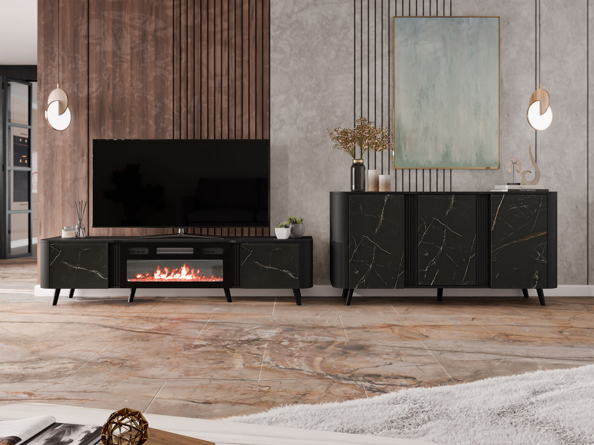 Wohnzimmer-Sets Charlotte 204 (Schwarz + Schwarzer Marmor)