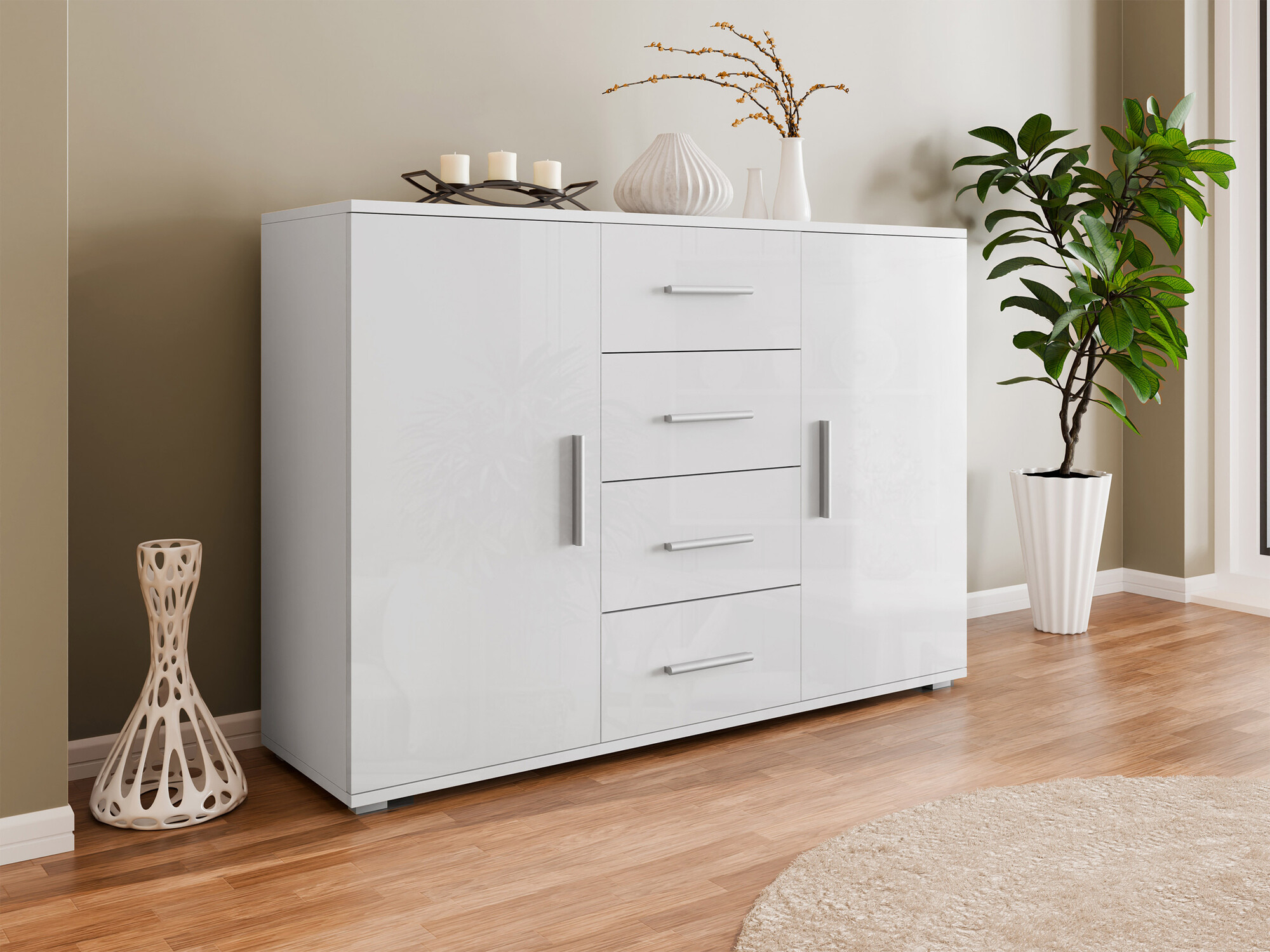 Kommode Charlotte 118 (Weiss + Weiss glänzend)