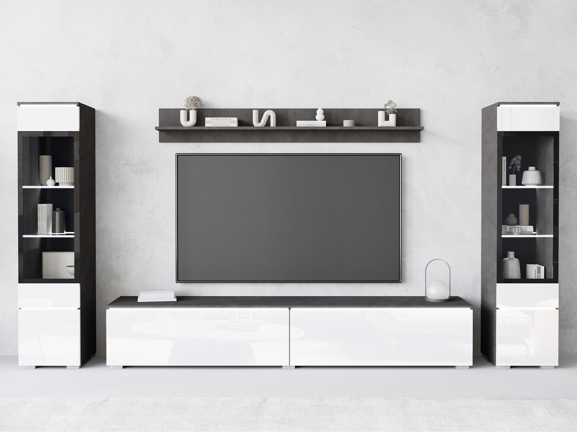Wohnzimmer-Set Mirfivo 101 (Matera grau + Weiss glänzend)