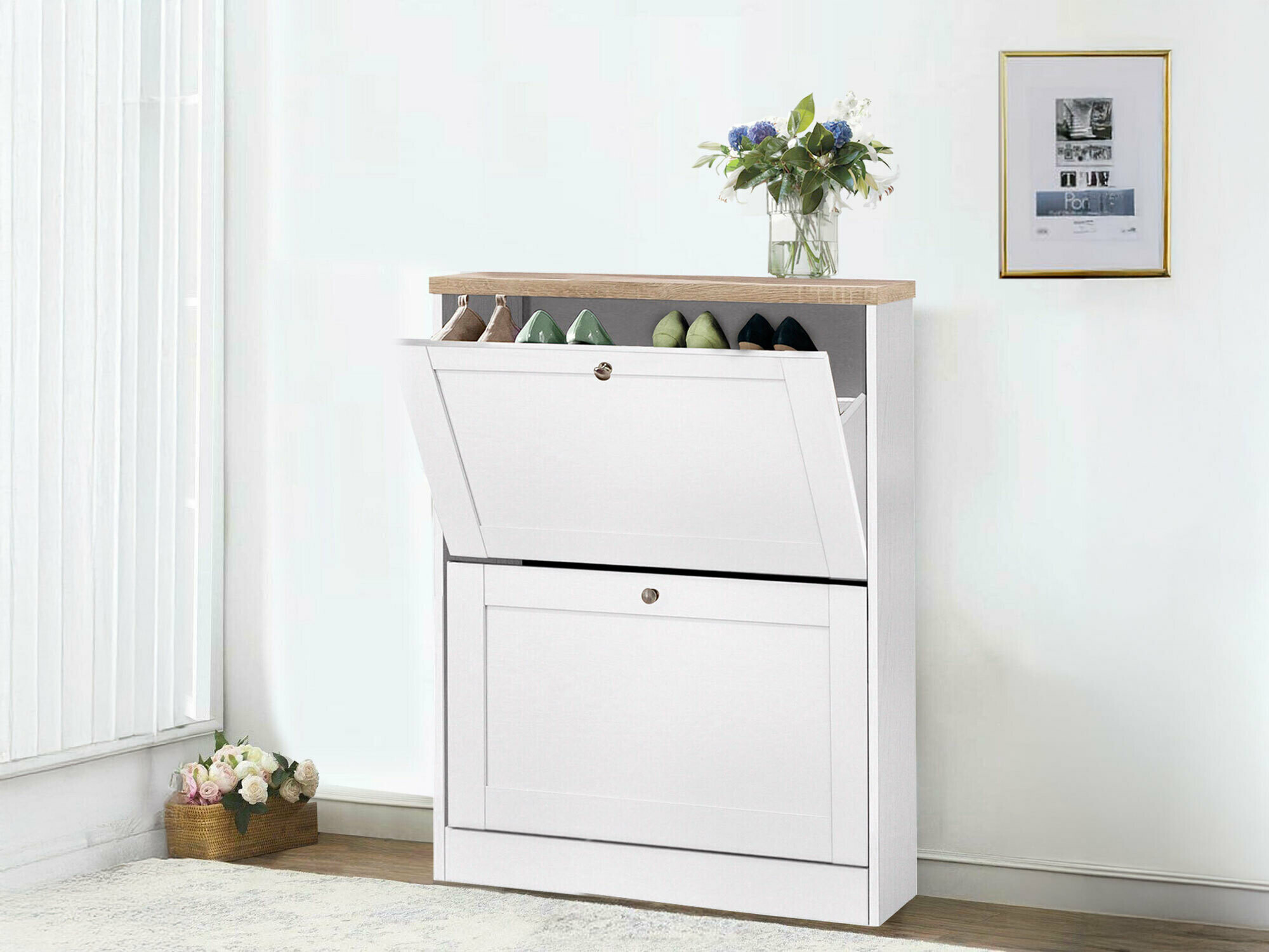 Schuhschrank Cirtene 100 (Weiss + Eichenholzoptik)