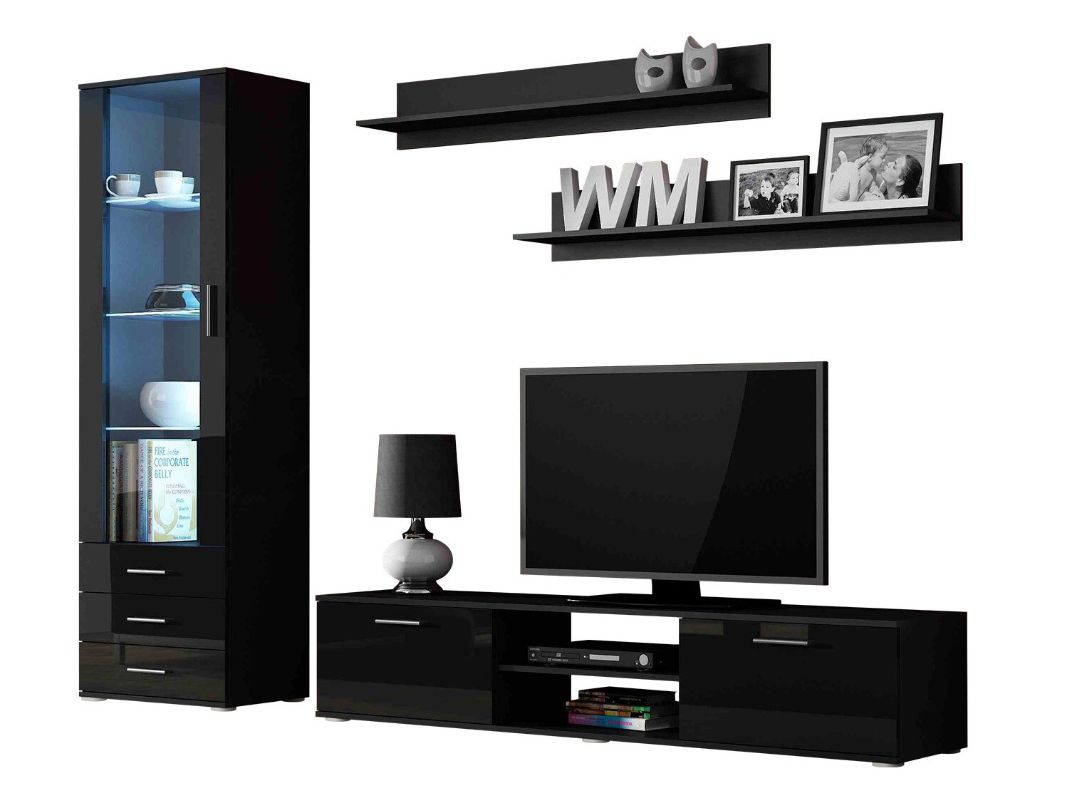 Wohnzimmer-Set Tornola 107 (Schwarz + Schwarz glänzend)