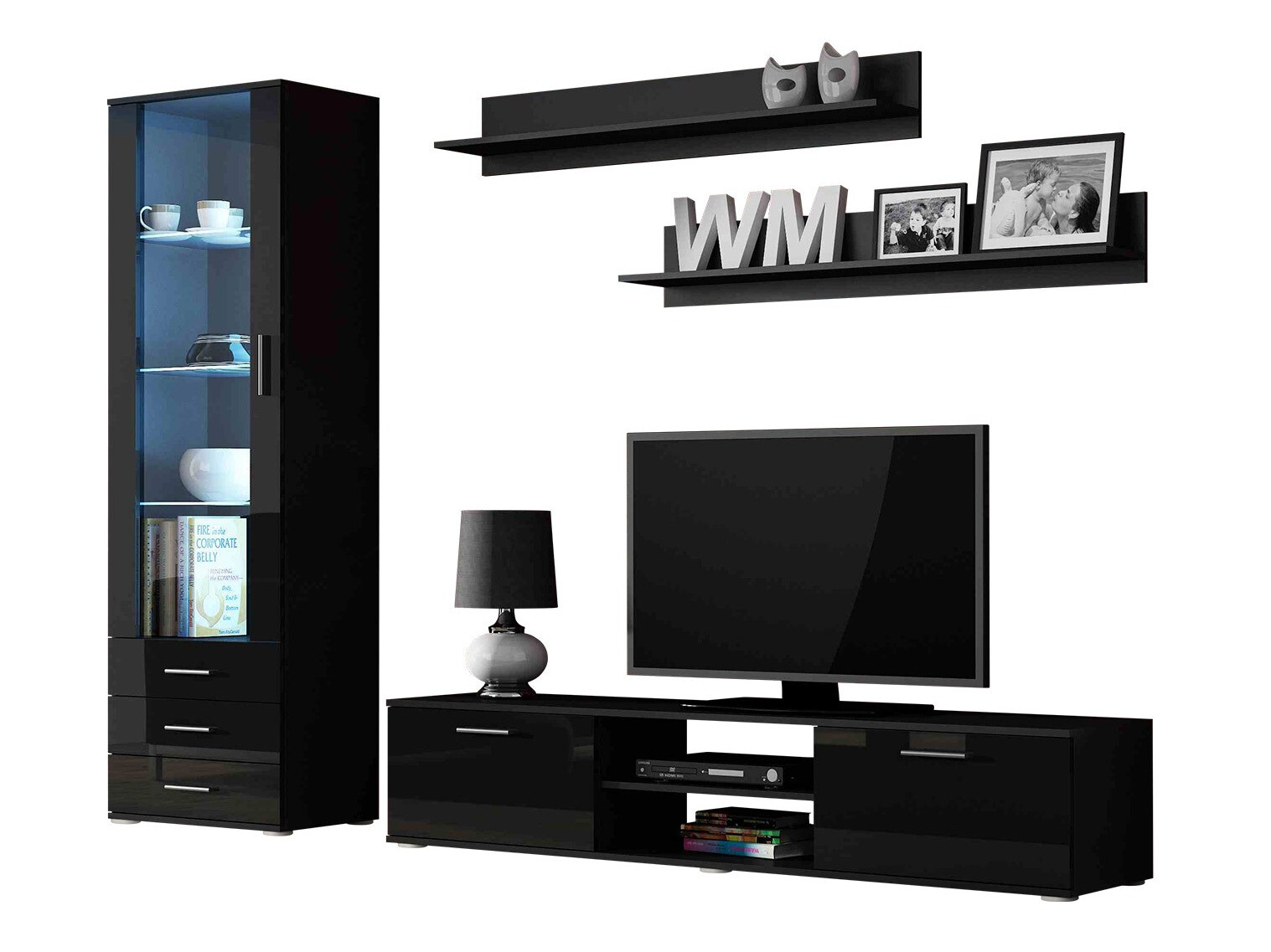 Wohnzimmer-Set Tornola 107 (Schwarz + Schwarz glänzend)