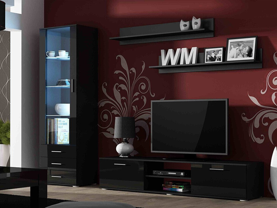Wohnzimmer-Set Tornola 107 (Schwarz + Schwarz glänzend)
