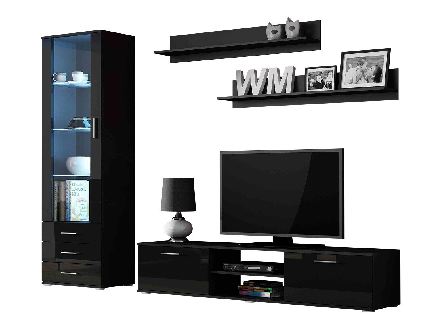 Wohnzimmer-Set Tornola 107 (Schwarz + Schwarz glänzend)
