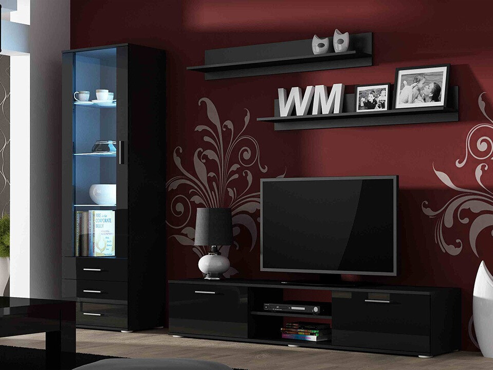 Wohnzimmer-Sets Tornola 107 (Schwarz + Schwarz glänzend)
