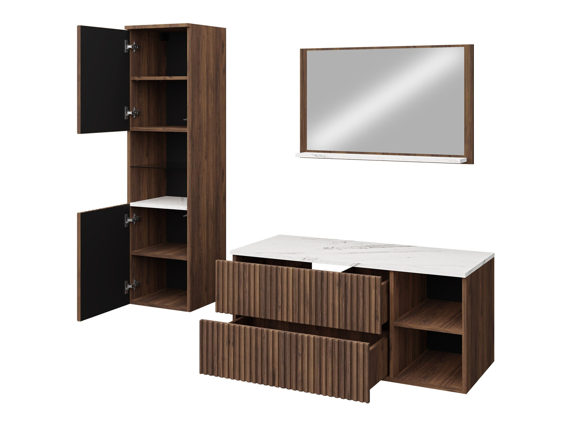 Badezimmer-Set Nauta I (Walnussholzoptik + Weisser Marmor)