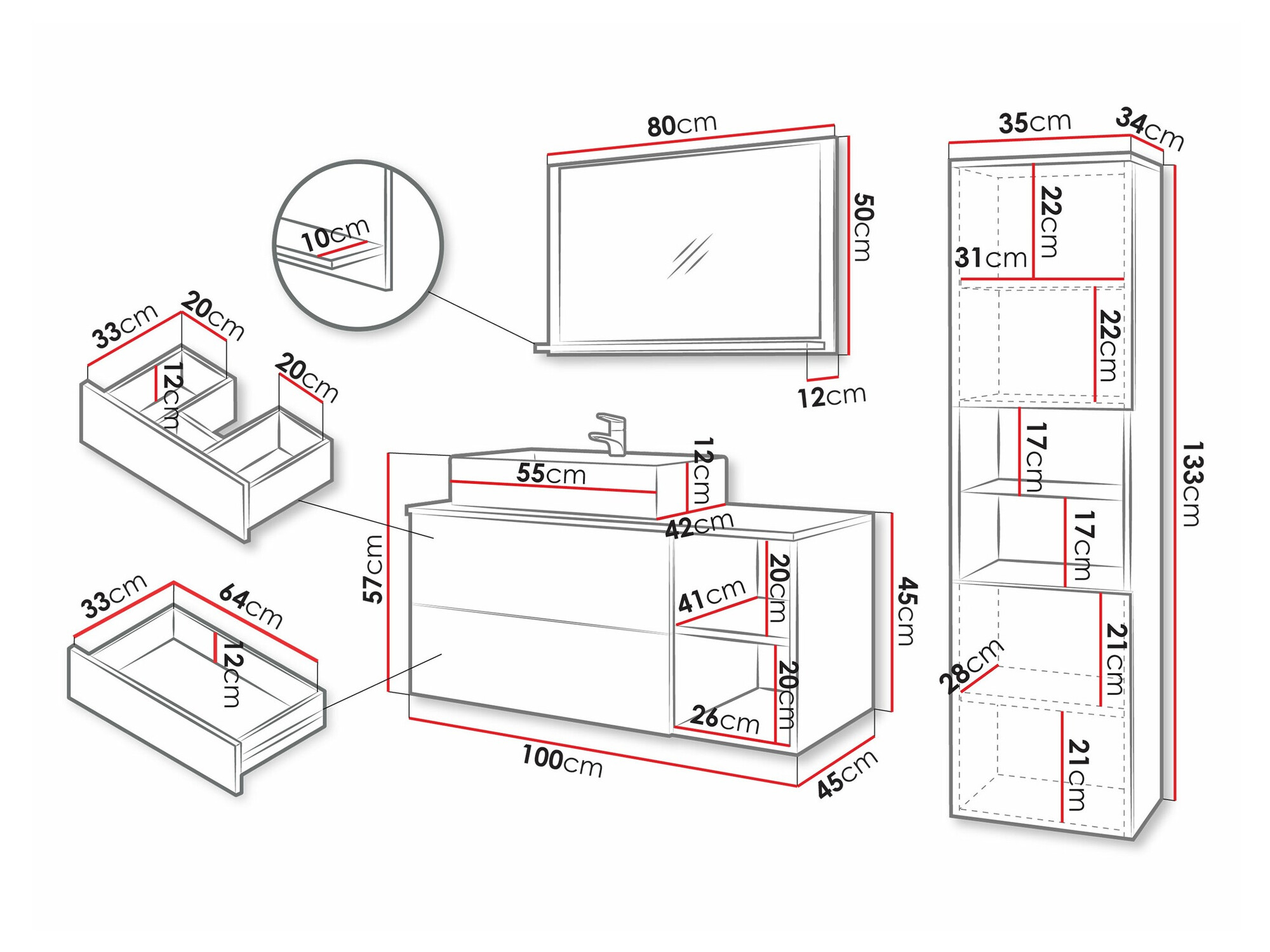 Badezimmer-Set Nauta I (Walnussholzoptik + Weisser Marmor)