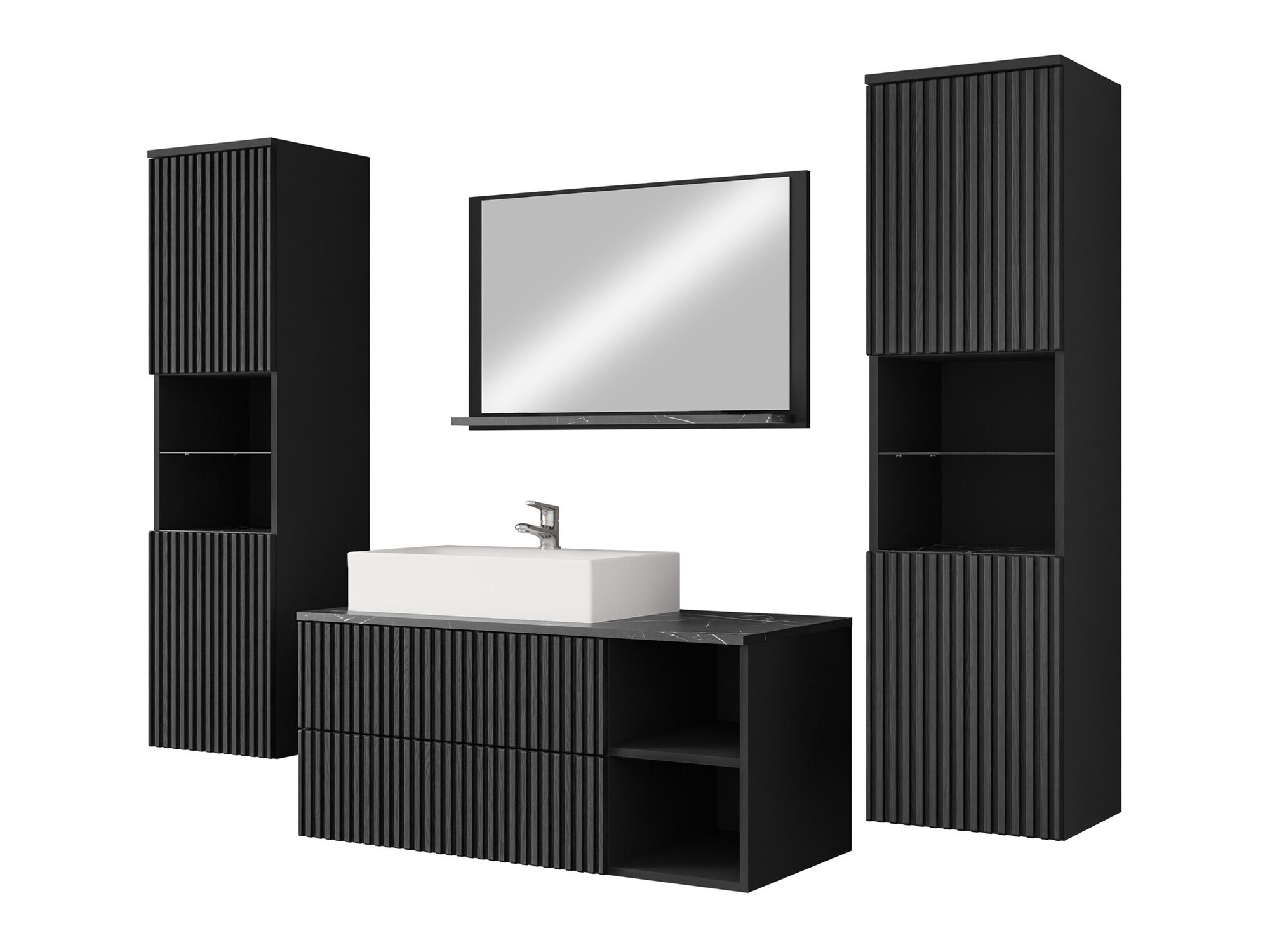 Badezimmer-Set Nauta II (Schwarz + Schwarzer Marmor)