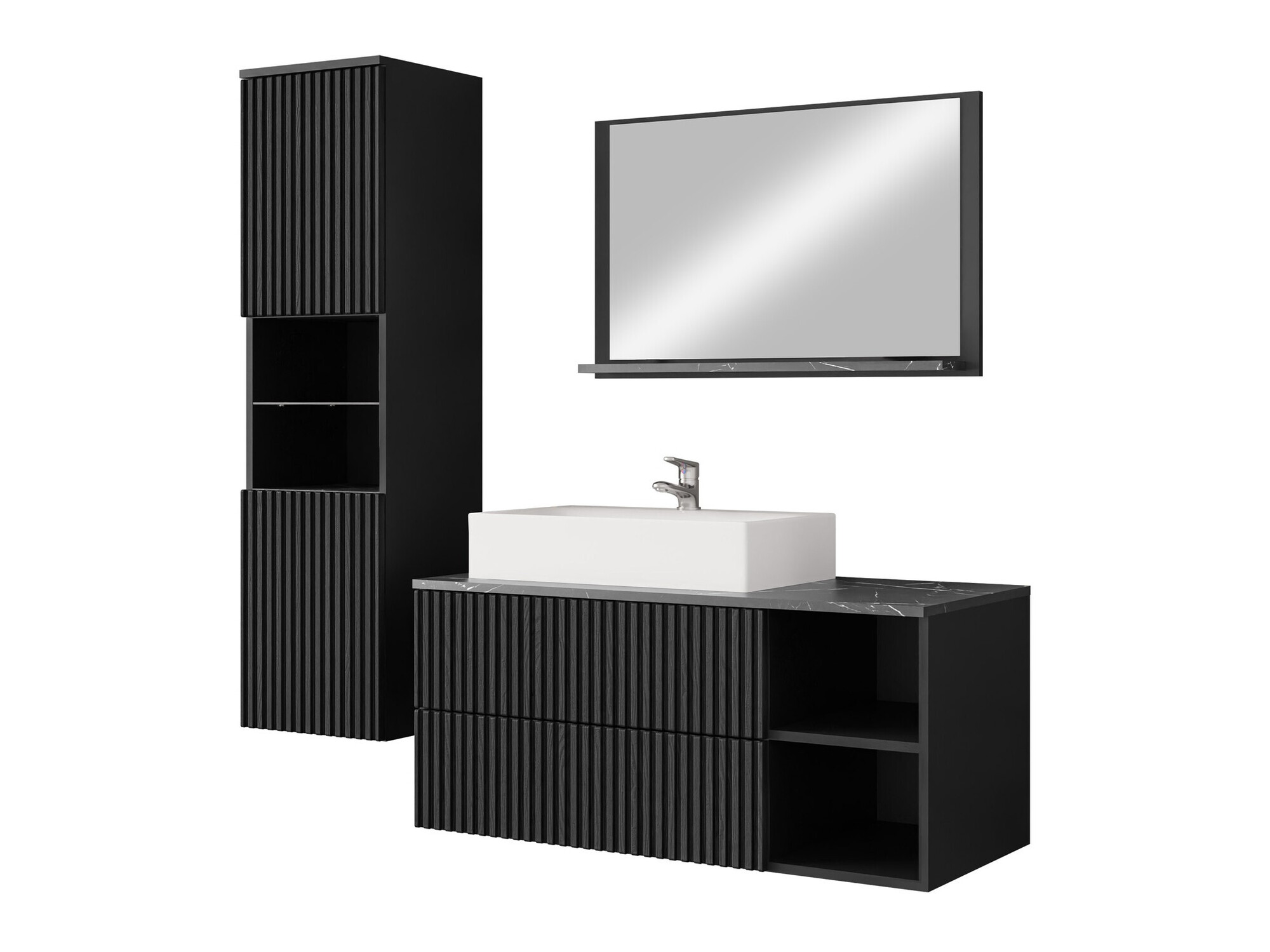 Badezimmer-Set Ophruvi 104 (Schwarz + Schwarzer Marmor)