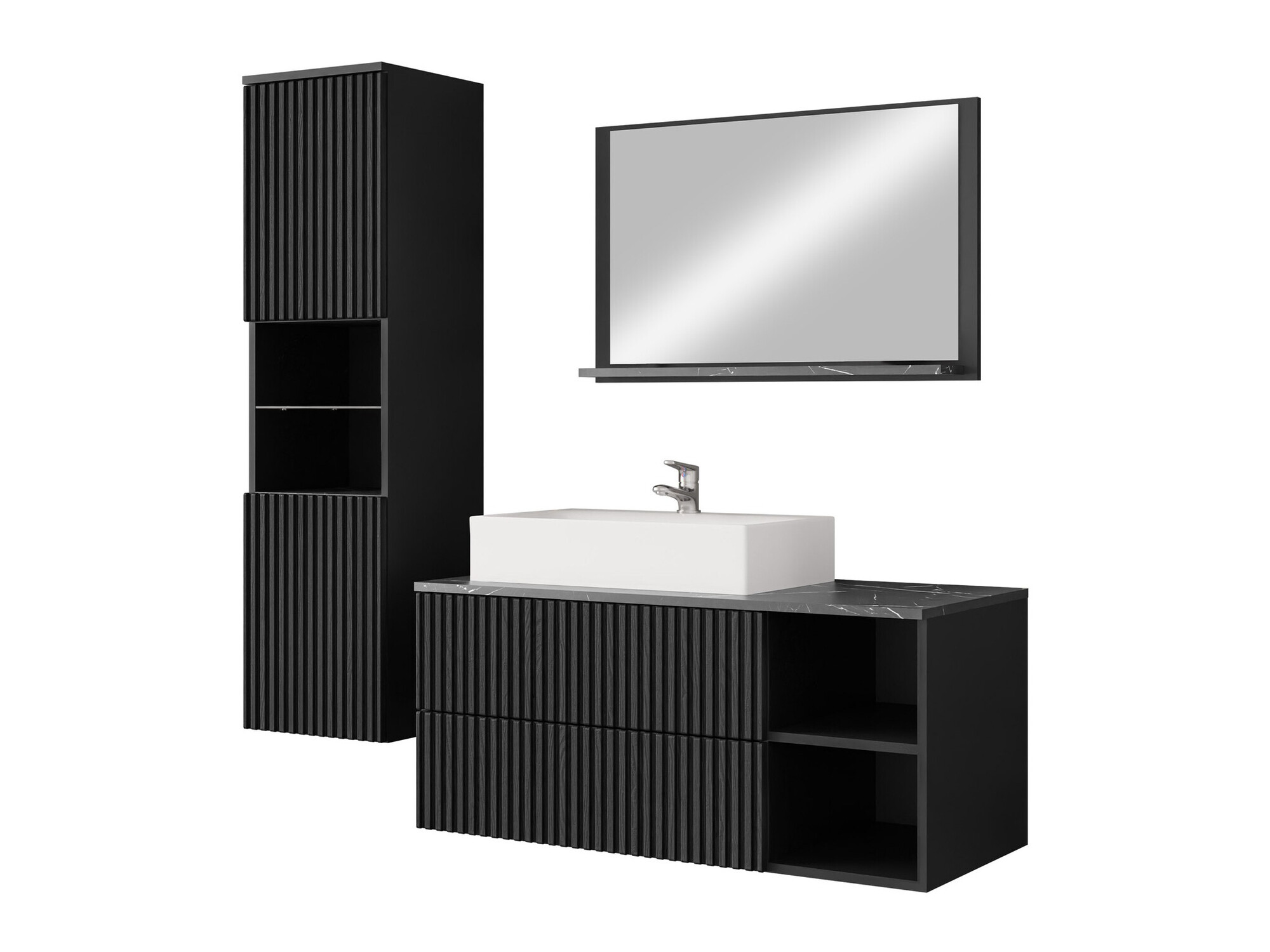 Badezimmer-Set Ophruvi 104 (Schwarz + Schwarzer Marmor)
