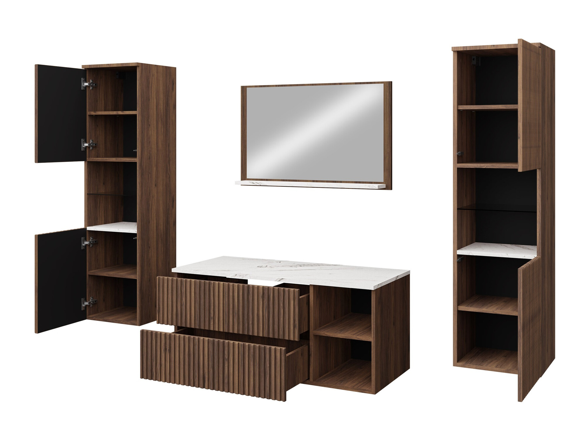 Badezimmer-Set Ophruvi 105 (Walnussholzoptik + Weisser Marmor)