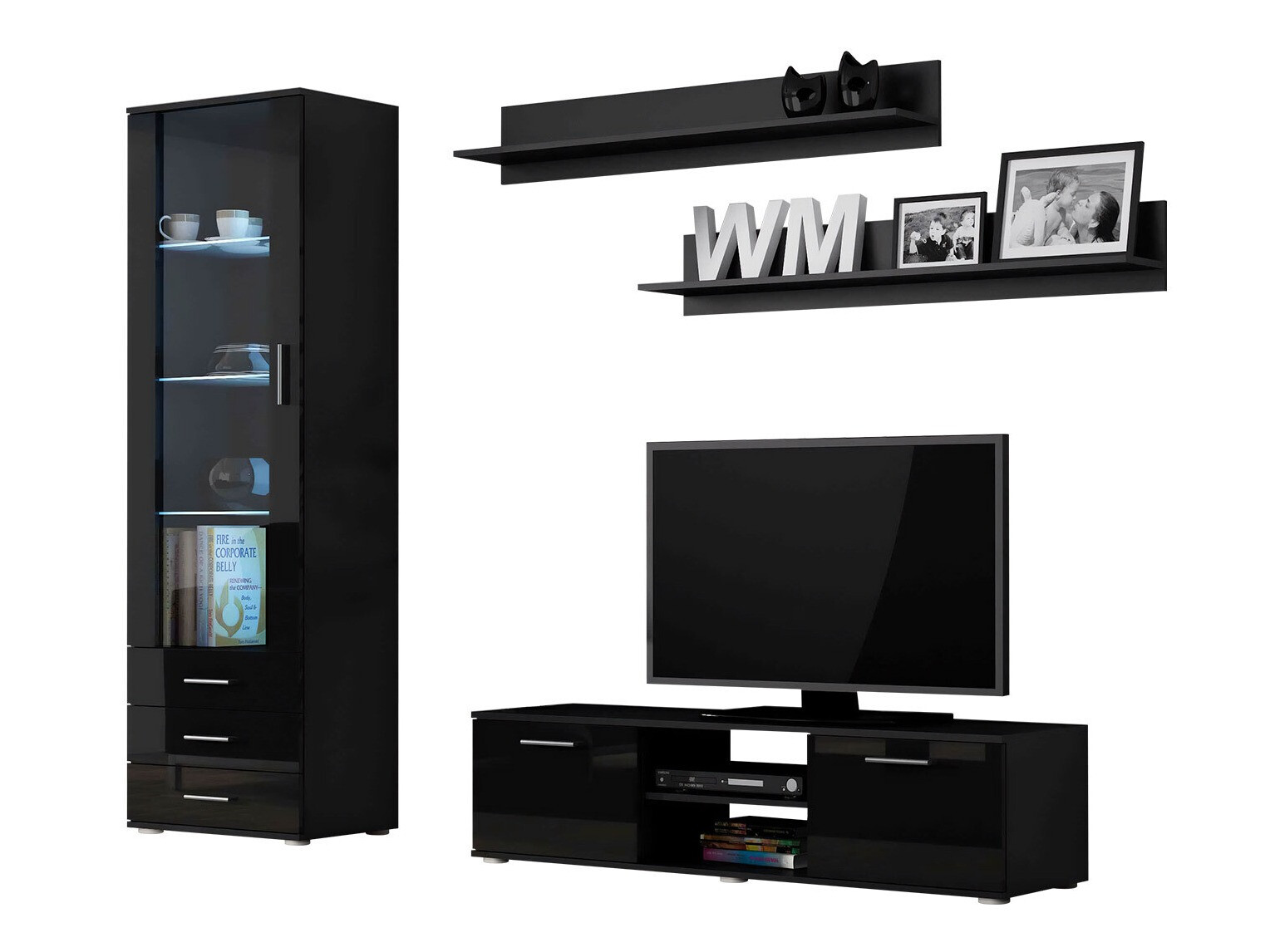 Wohnzimmer-Set Tornola 110 (Schwarz + Schwarz glänzend)