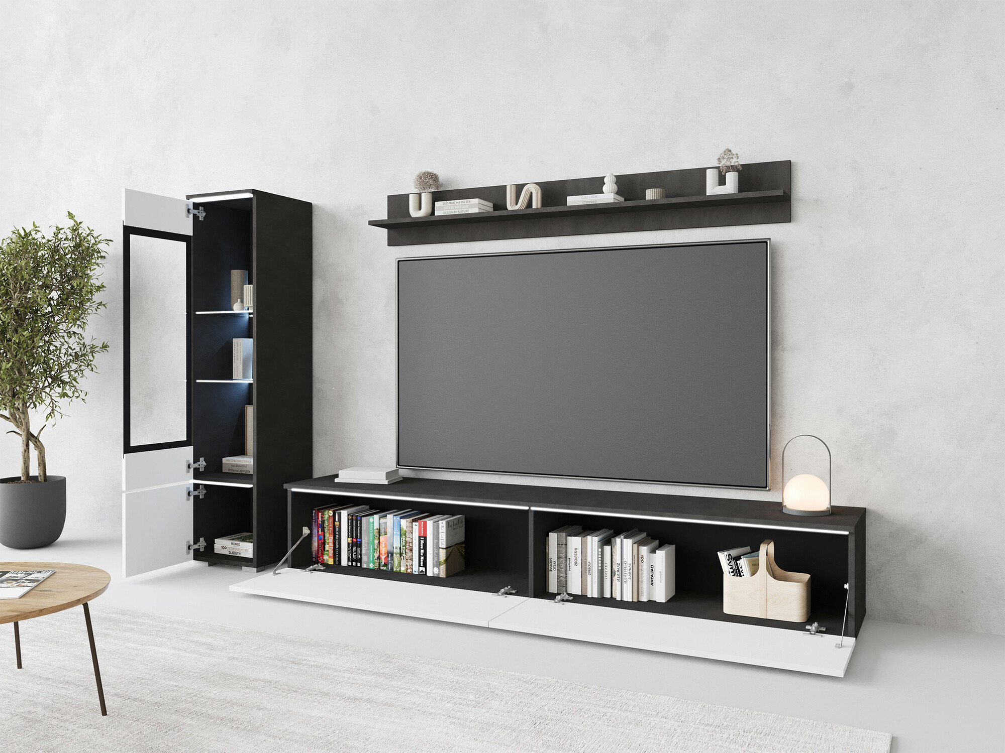 Wohnzimmer-Set Mirfivo 100 (Matera grau + Weiss glänzend)