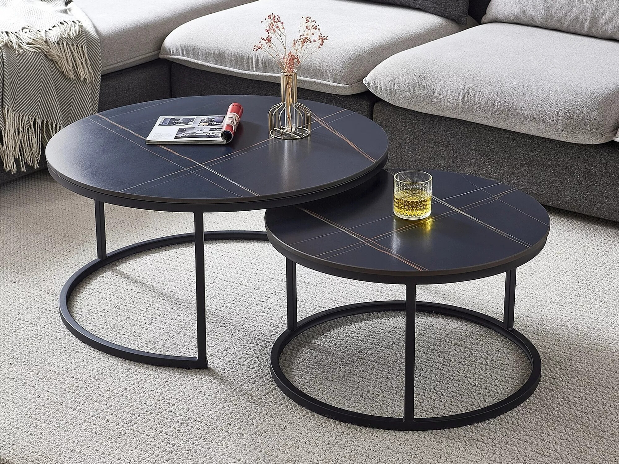 Couchtischset Detroit 607 (Schwarzer Marmor + Schwarz)
