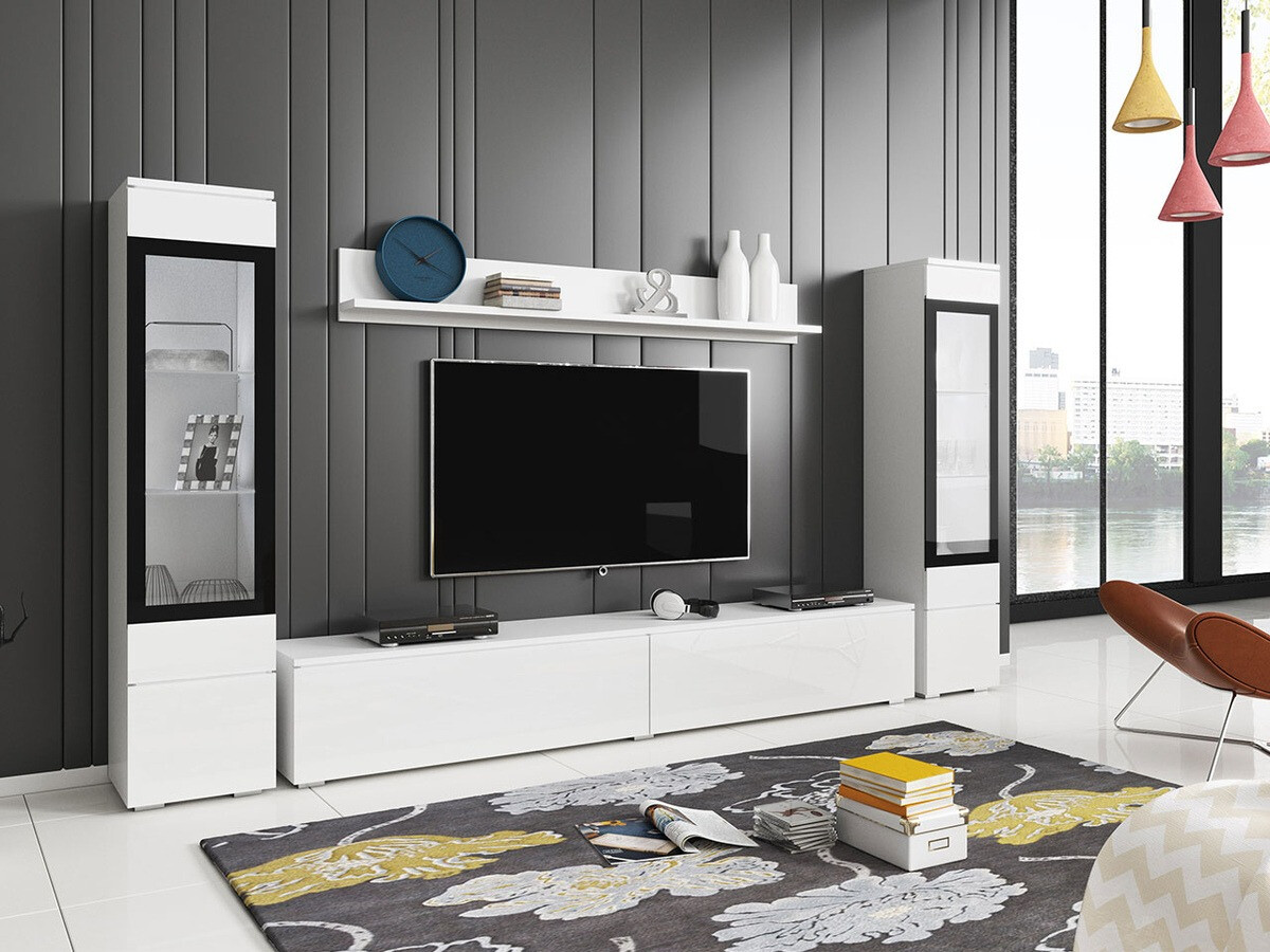 Wohnzimmer-Sets Mirfivo 101 (Weiss + Weiss glänzend)