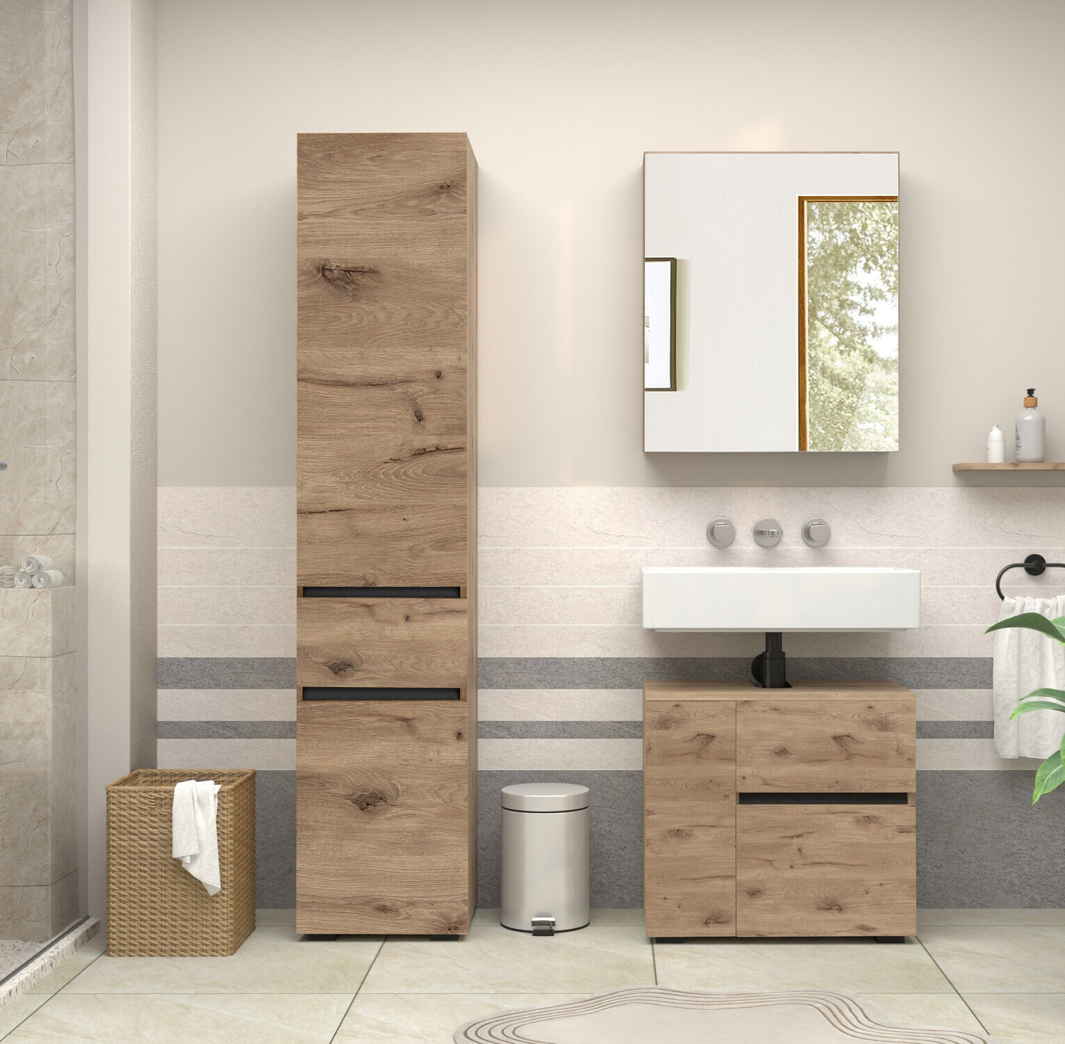 Stehender Badezimmerschrank für ein Waschbecken Soncamu 108 (Eichenholzoptik)