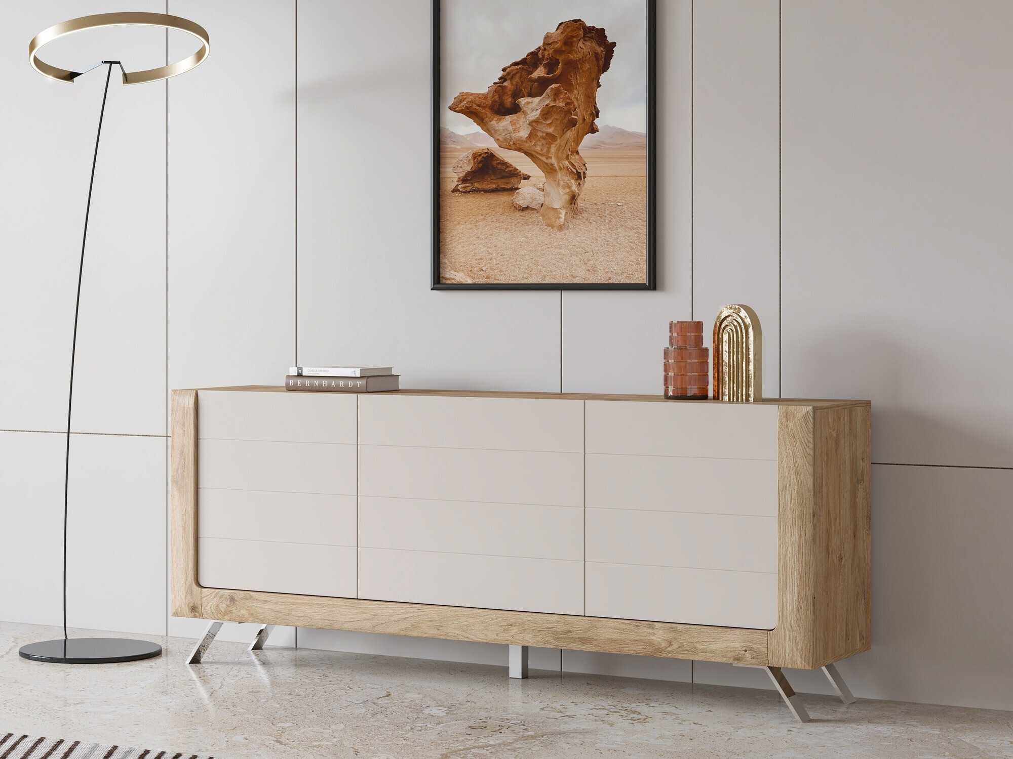 Sideboard Sovera 103 (Goldene Eichenholzoptik + Kaschmir)