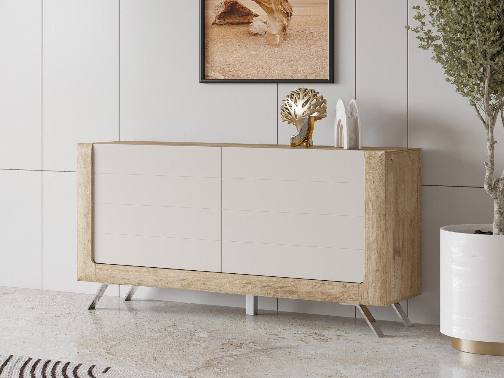 Sideboard Sovera 107 (Goldene Eichenholzoptik + Hellgrau)