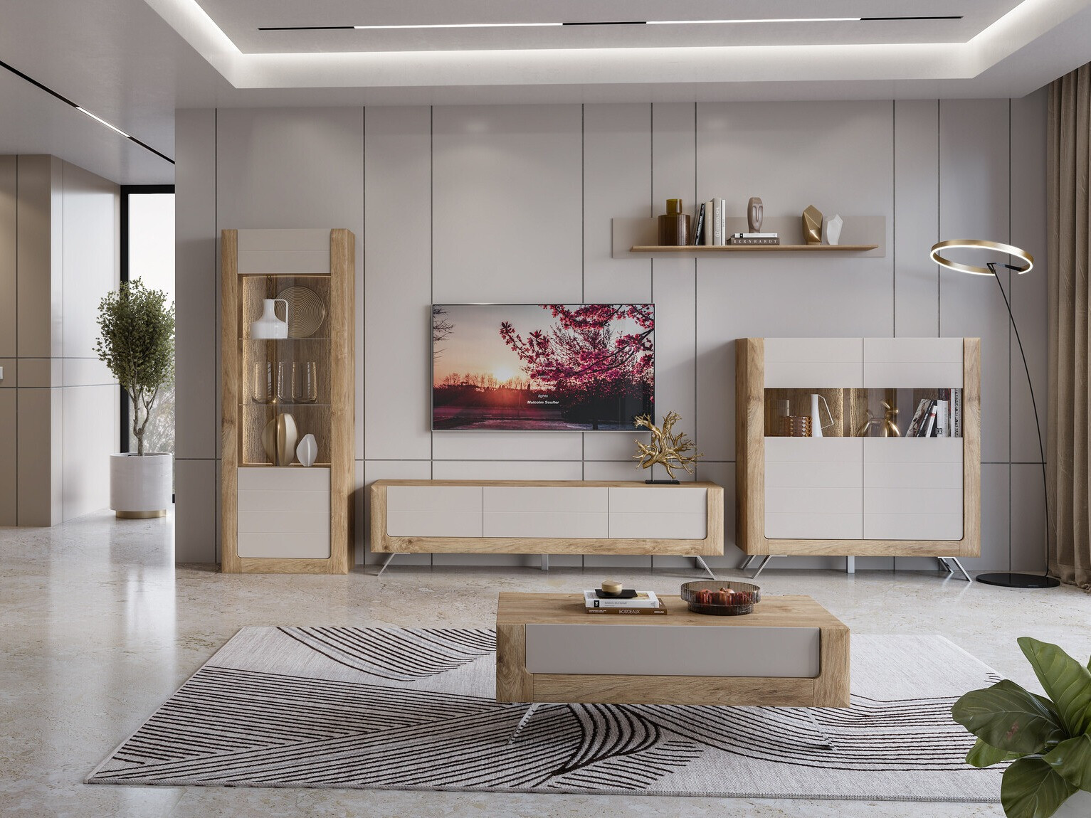 Sideboard Sovera 107 (Goldene Eichenholzoptik + Kaschmir)