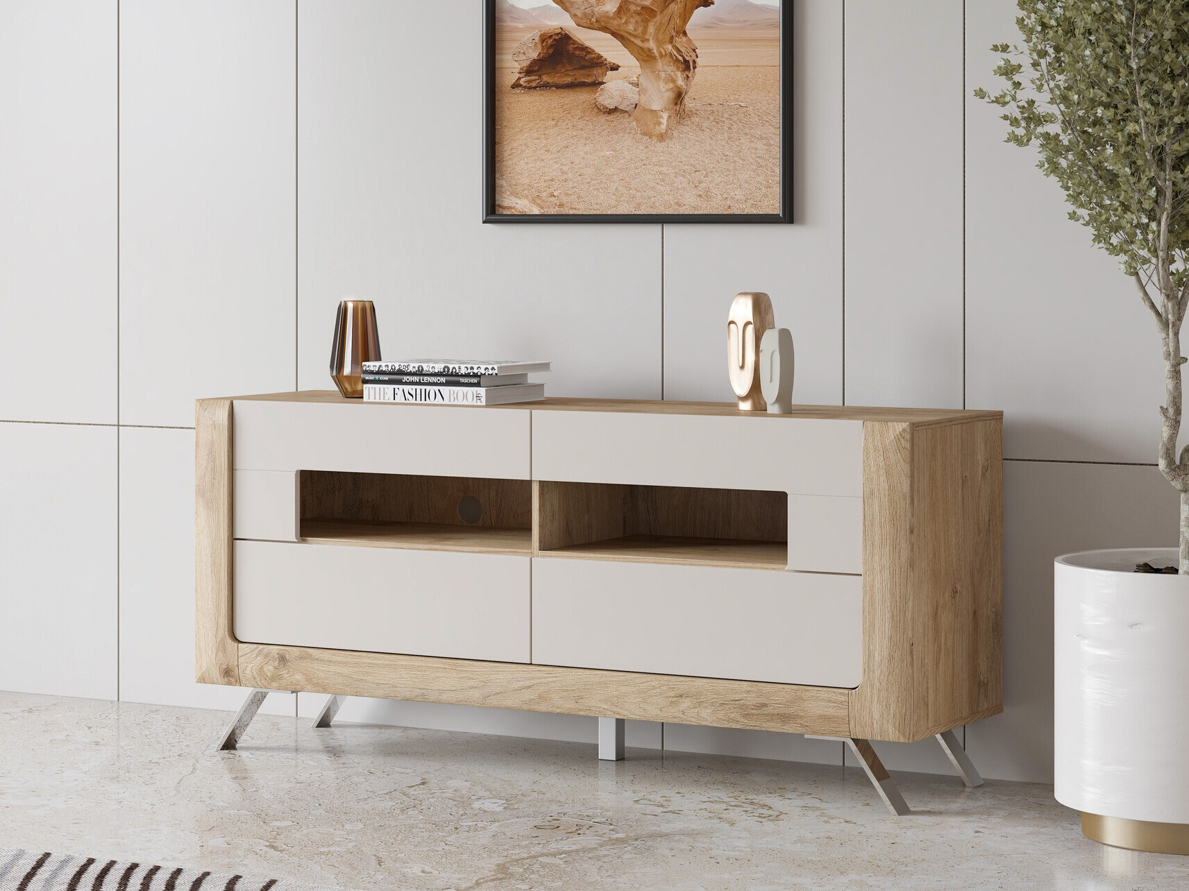 TV-Möbel Sovera 105 (Goldene Eichenholzoptik + Hellgrau)