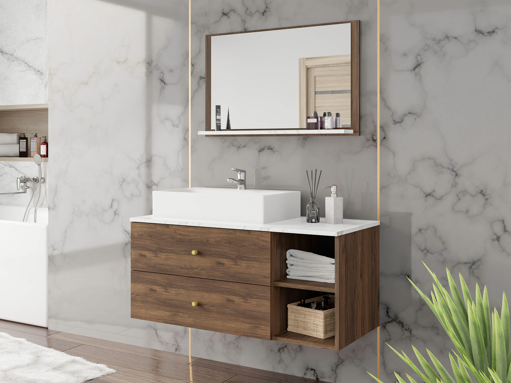 Badezimmer-Set Salus I (Walnussholzoptik + Weisser Marmor)