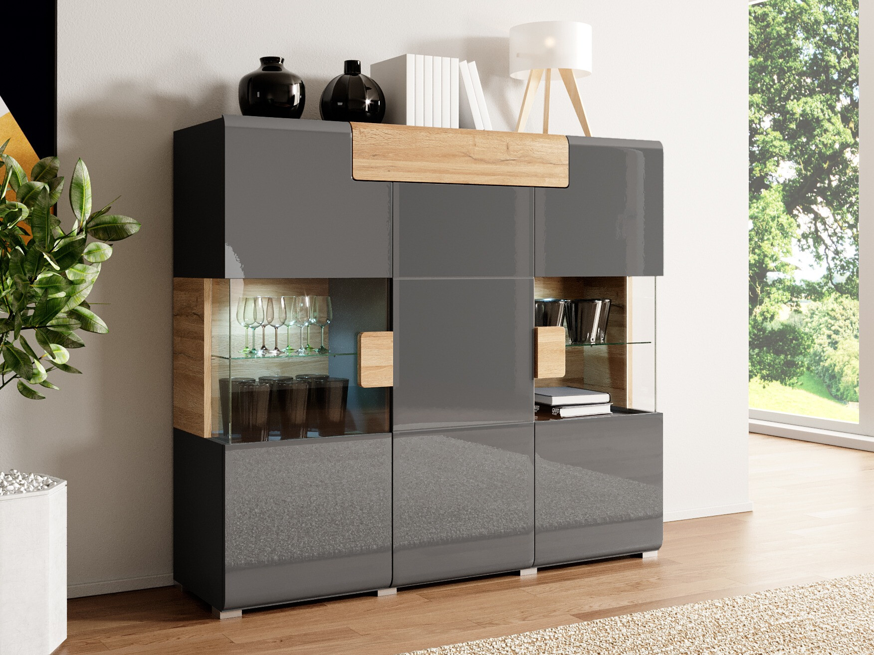 Sideboard Torsone 100 (Anthrazit + Gloss anthrazit + Grandson Eichenholzoptik)