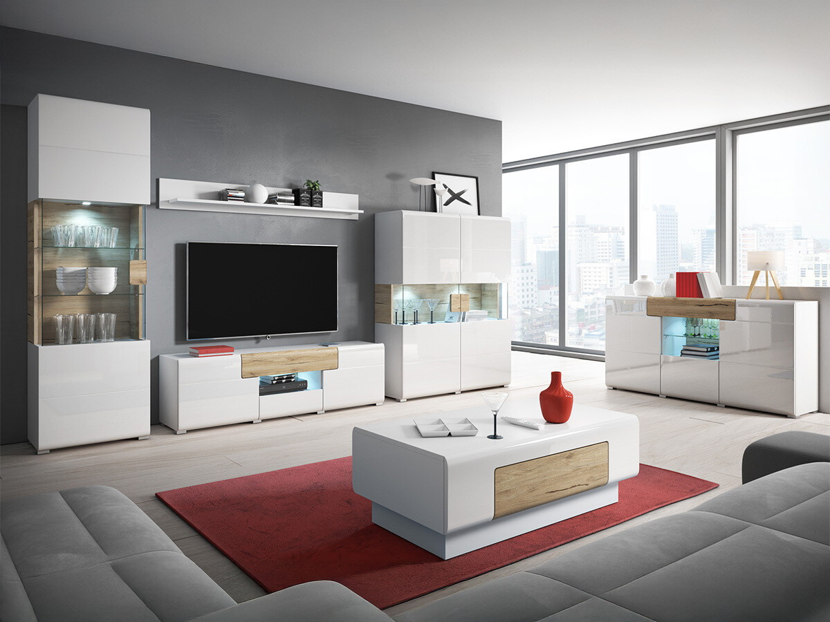 TV-Möbel Torsone 101 (Weiss + Weiss glänzend + San Remo Eichenholzoptik)
