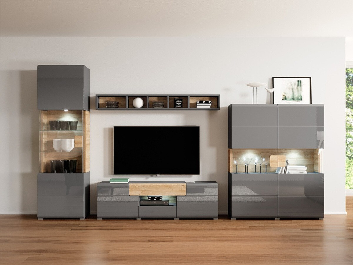 Wohnzimmer-Set Torsone 104 (Anthrazit + Gloss anthrazit + Grandson-Eiche)