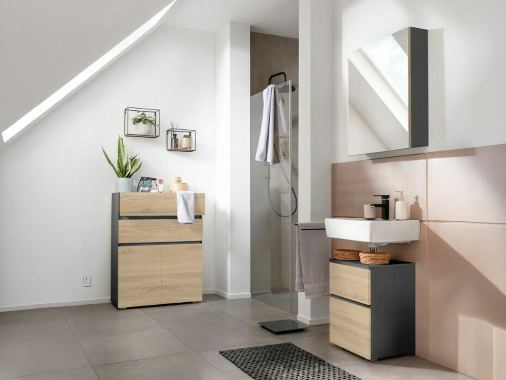 Badezimmer-Set Soncamu 112 (Anthrazit + Eichenholzoptik)