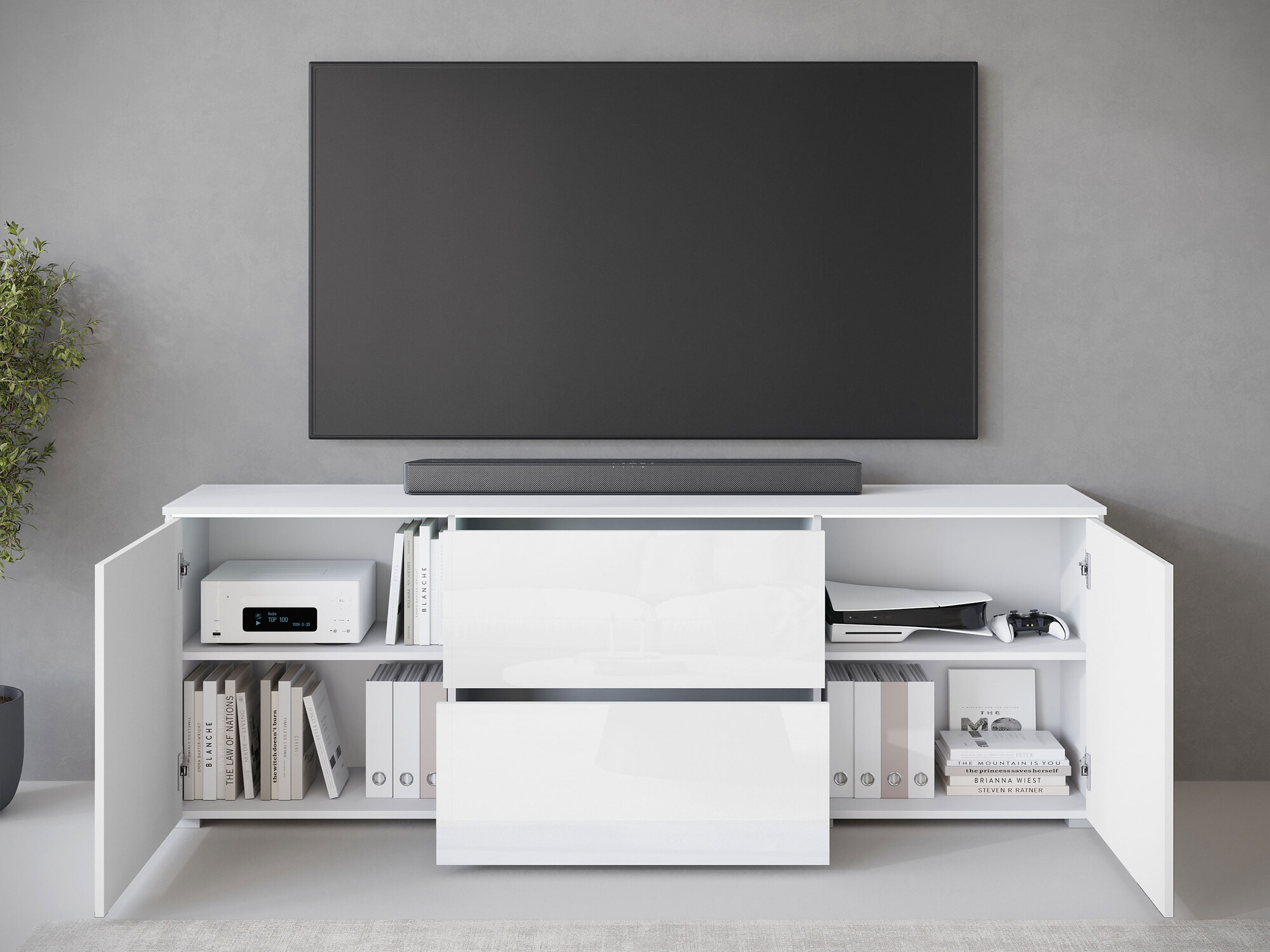TV-Möbel Mirfivo 104 (Weiss + Weiss glänzend)