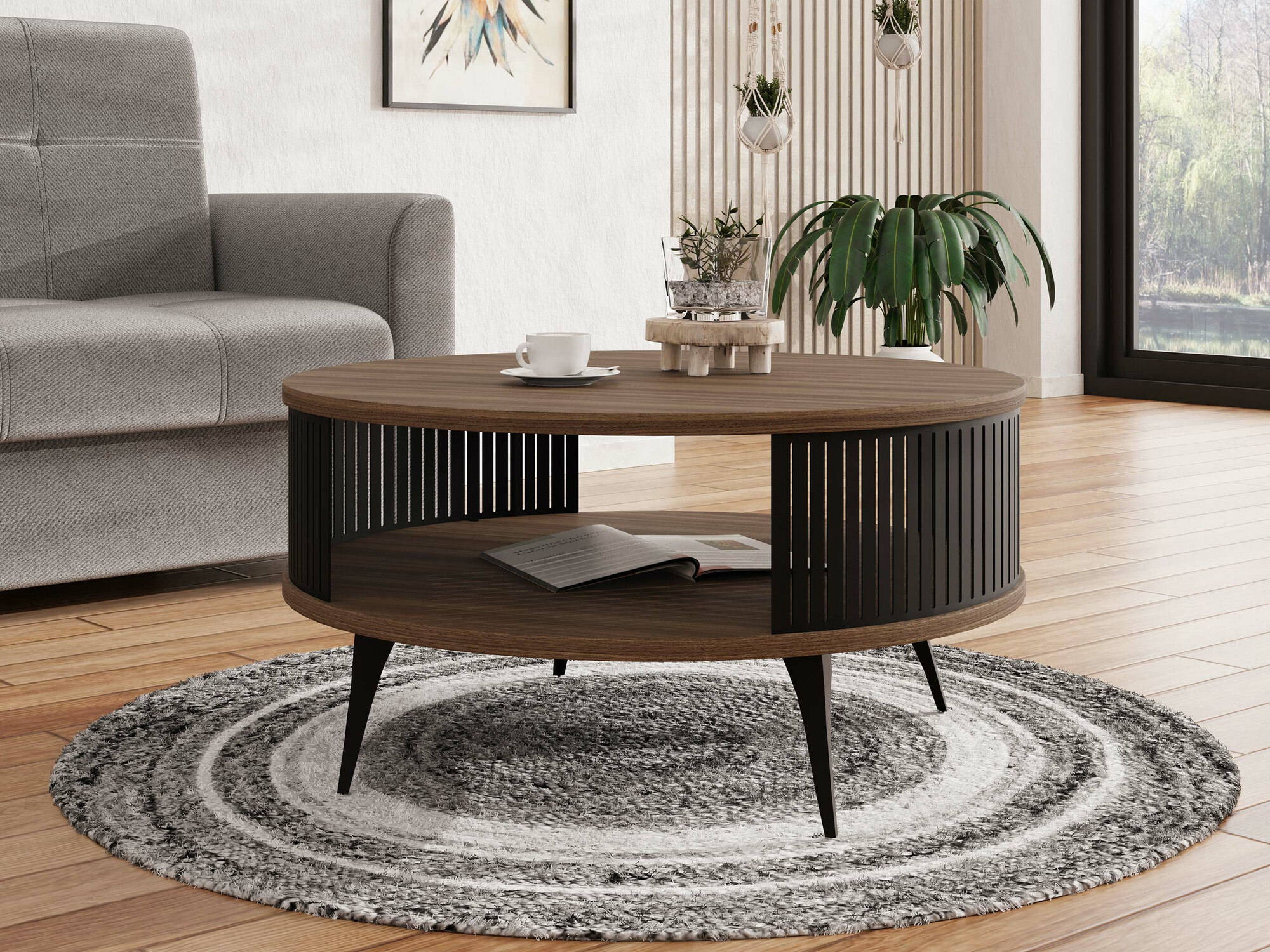 Couchtisch Sordore 100 (Schwarz + Walnussholzoptik)