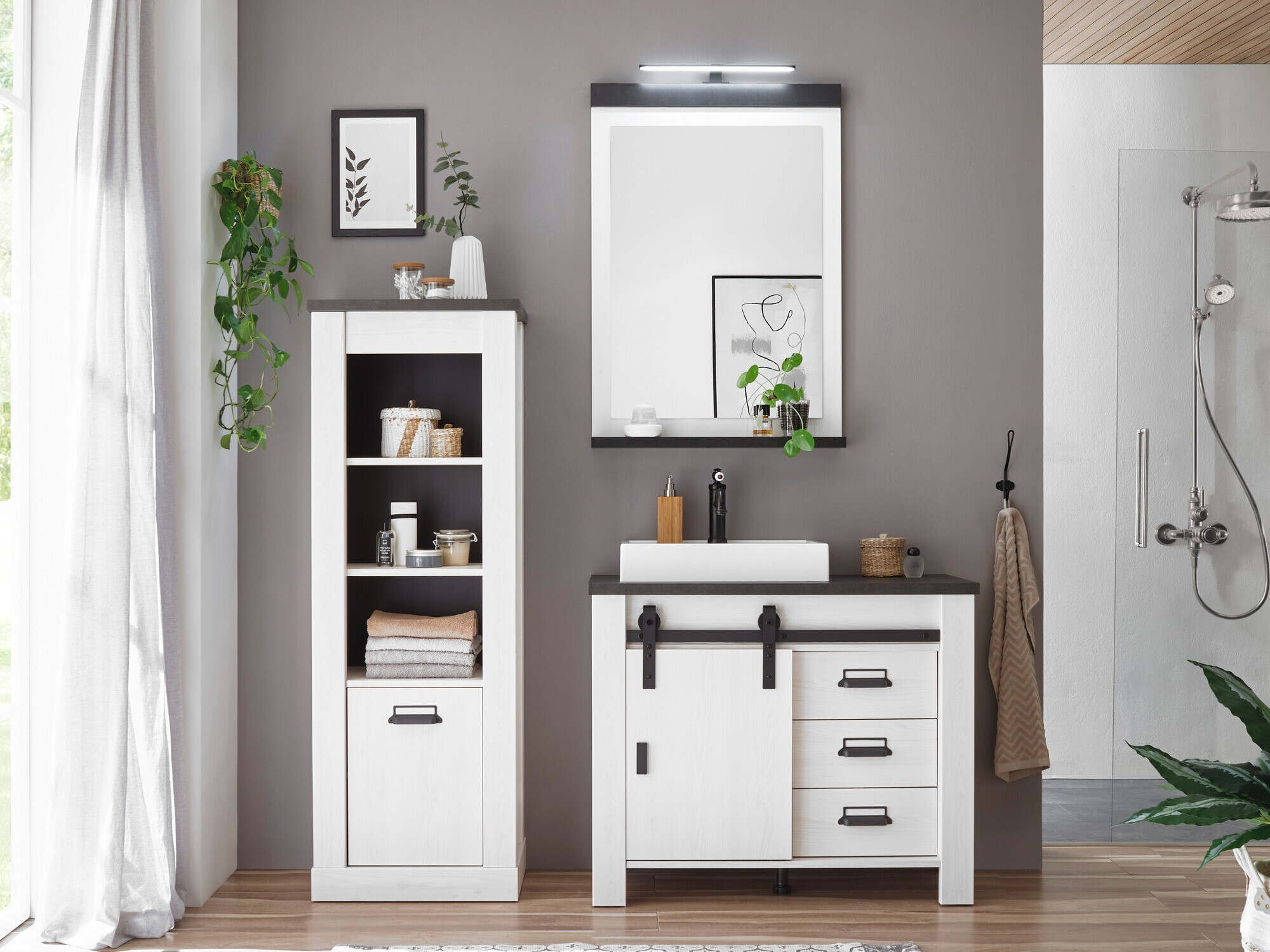 Badezimmer-Set Cirtale 138 (Kiefernholzoptik gebleicht + Anthrazit)