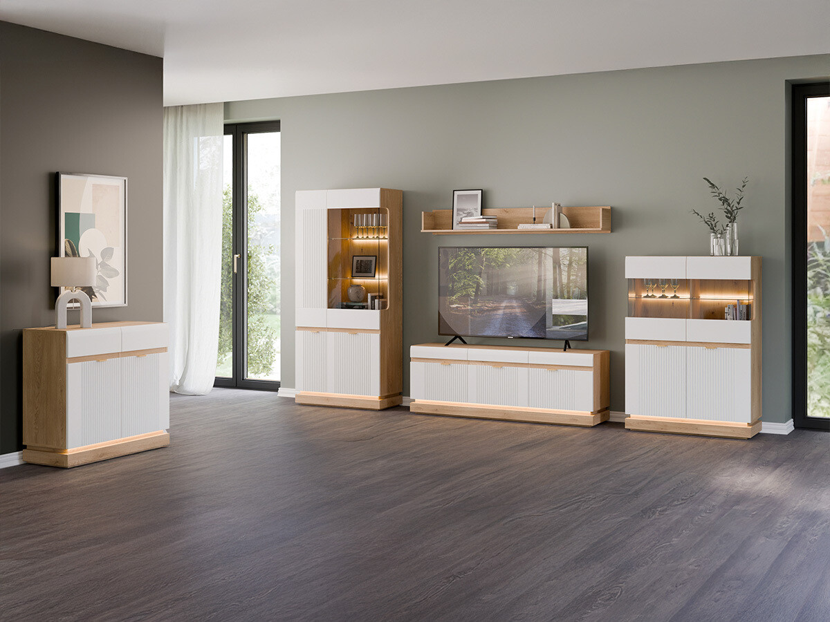 Wohnzimmer-Sets Teselbu 116 (Weiss + Eichenholzoptik)