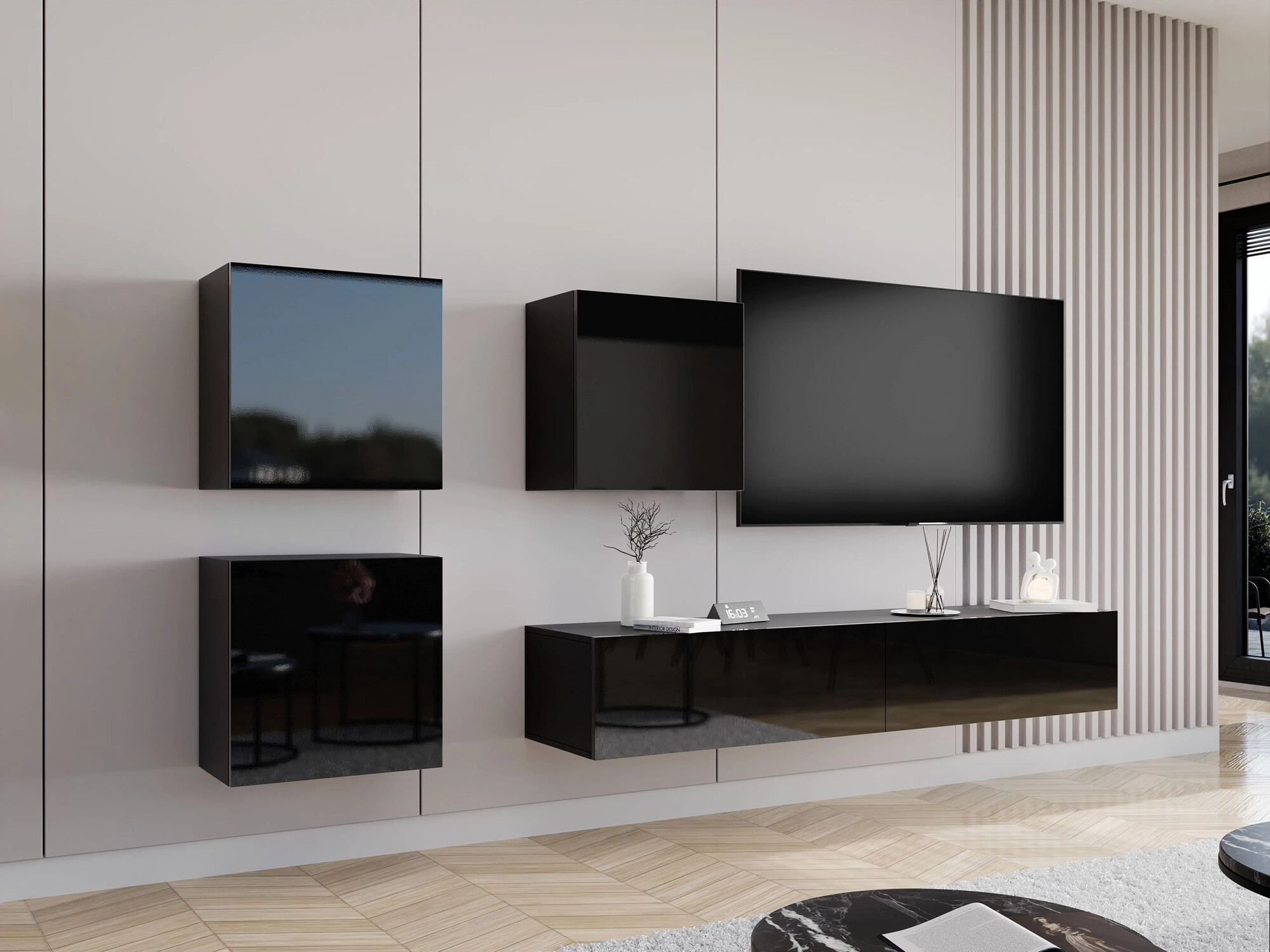 Wohnzimmer-Set Vilrin IV (Schwarz + Schwarz glänzend)