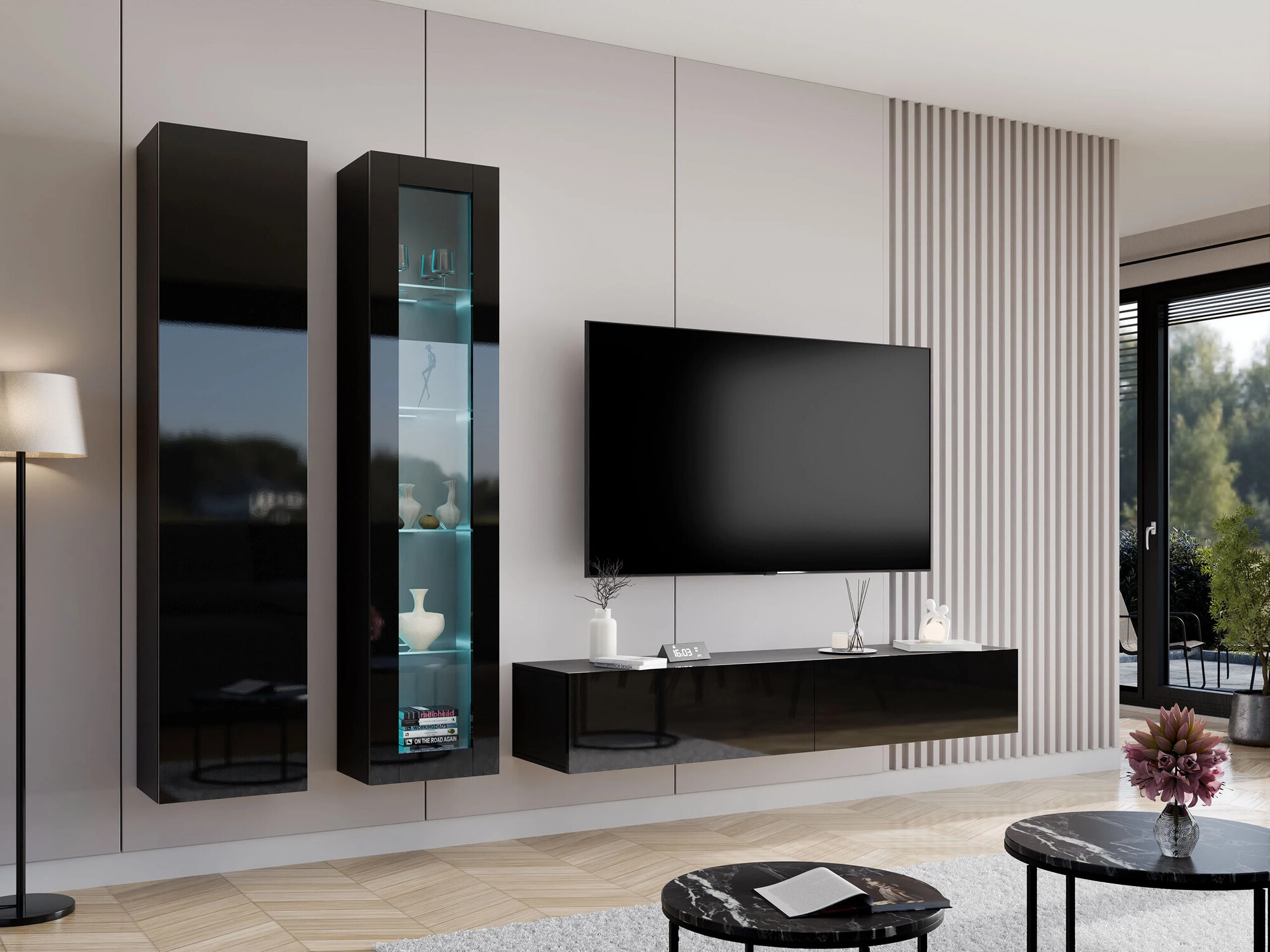 Wohnzimmer-Sets Vilrin I (Schwarz + Schwarz glänzend)