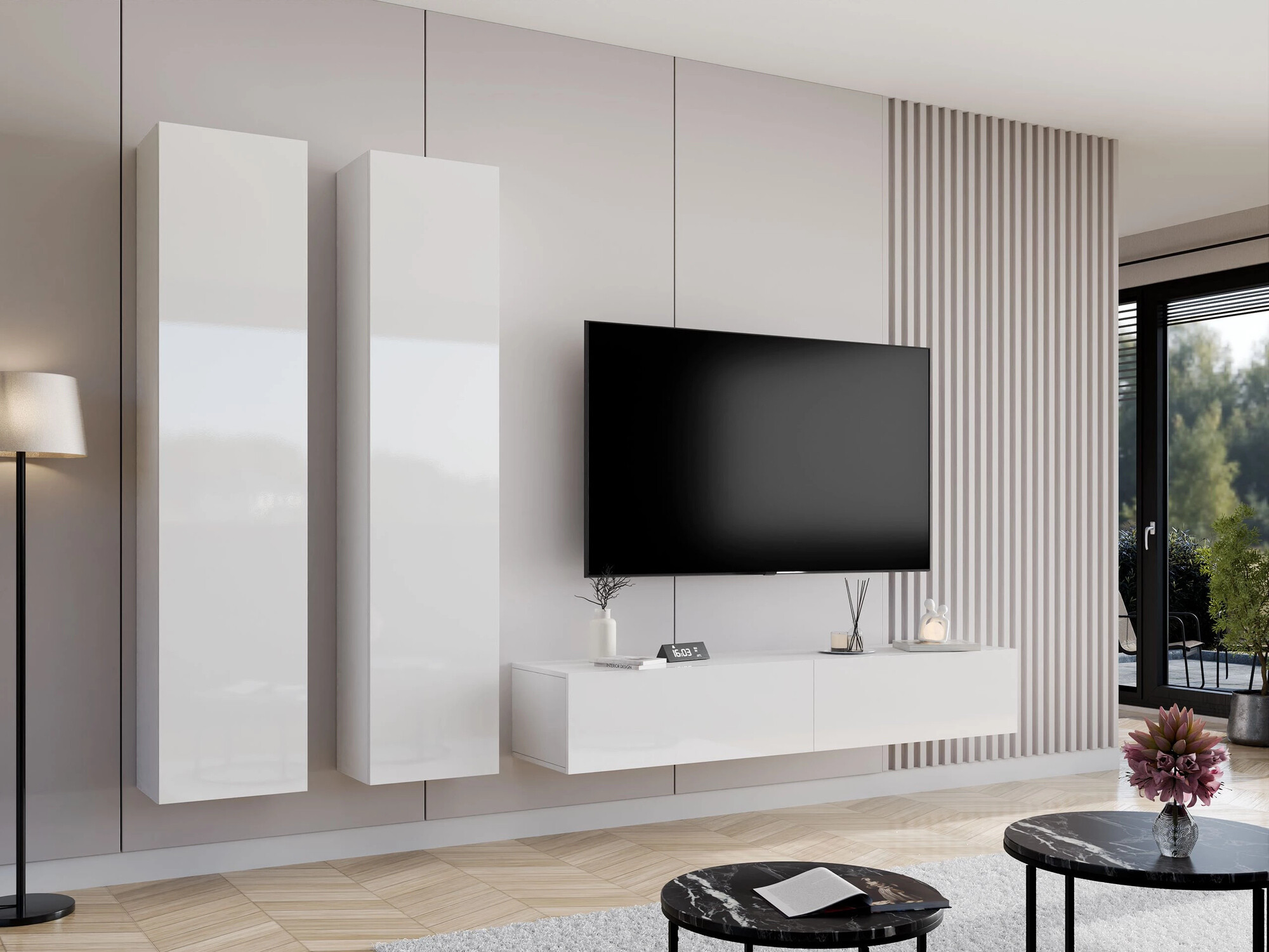 Wohnzimmer-Sets Vilrin II (Weiss + Weiss glänzend)