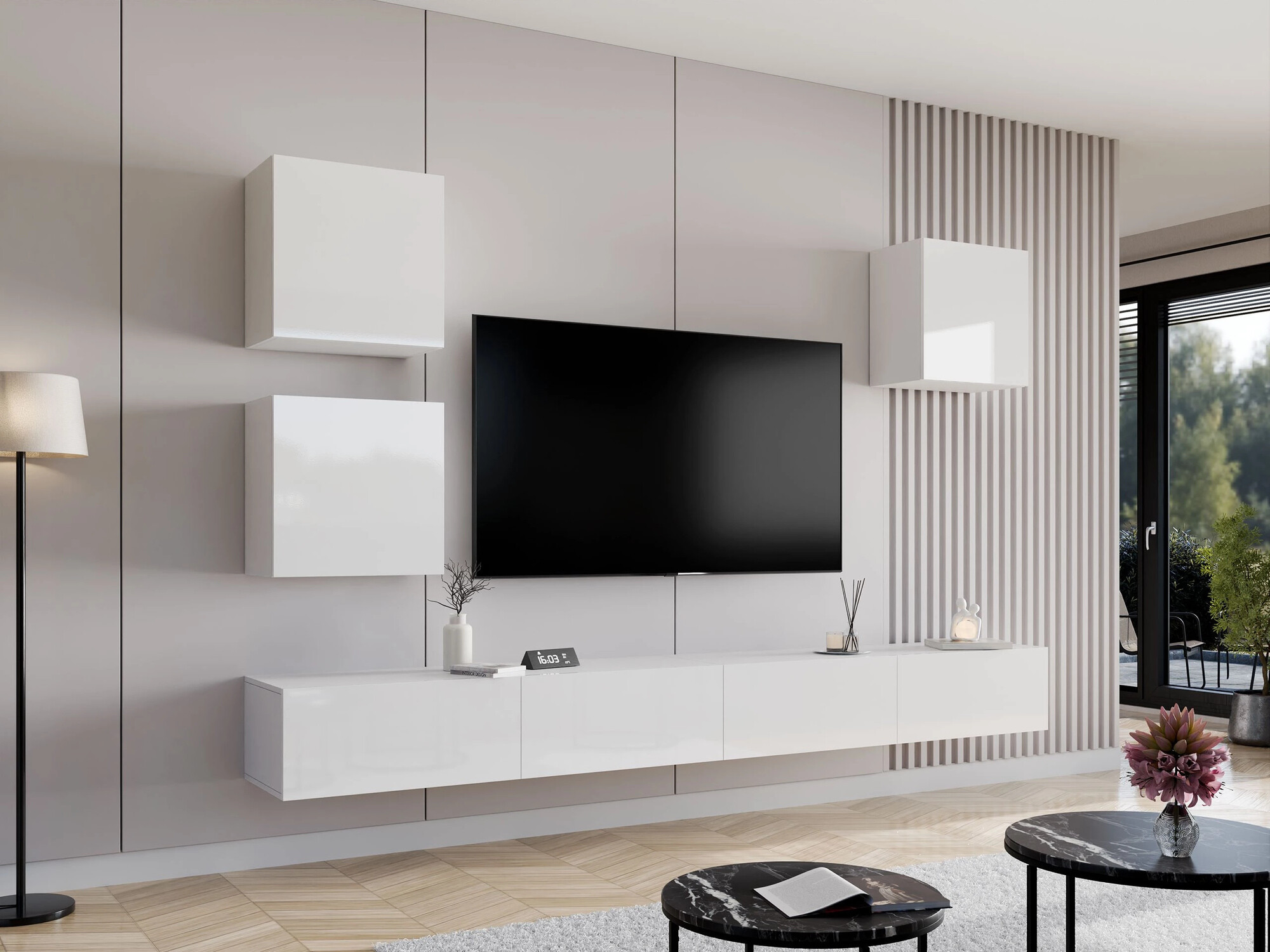 Wohnzimmer-Sets Vilrin III (Weiss + Weiss glänzend)