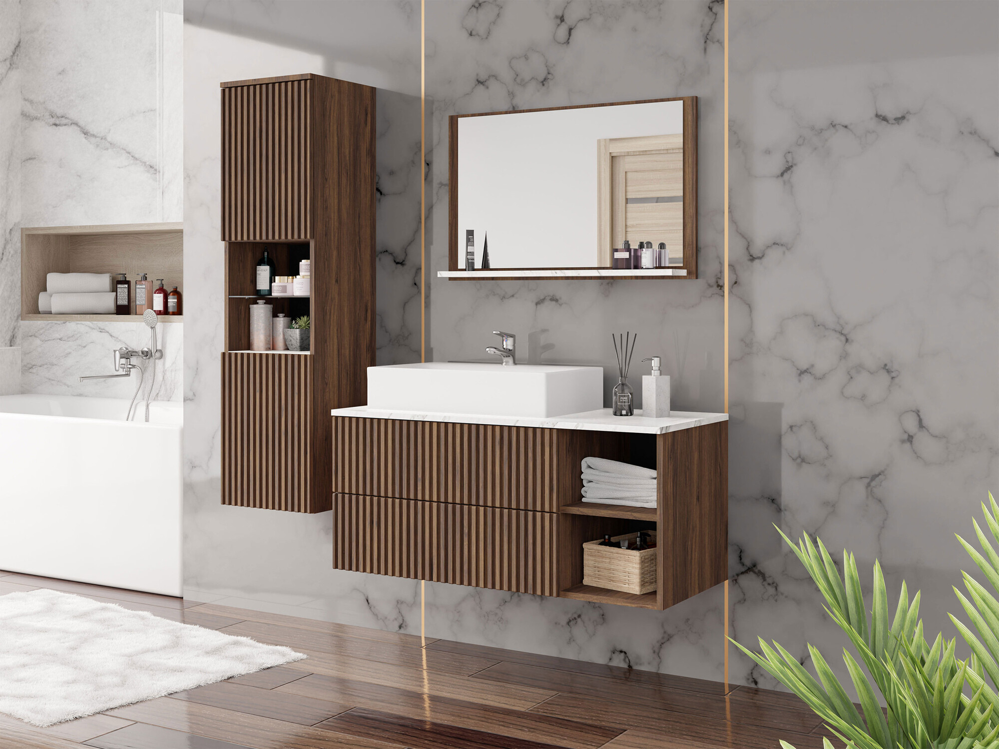 Badezimmer-Set Nauta I (Walnussholzoptik + Weisser Marmor)