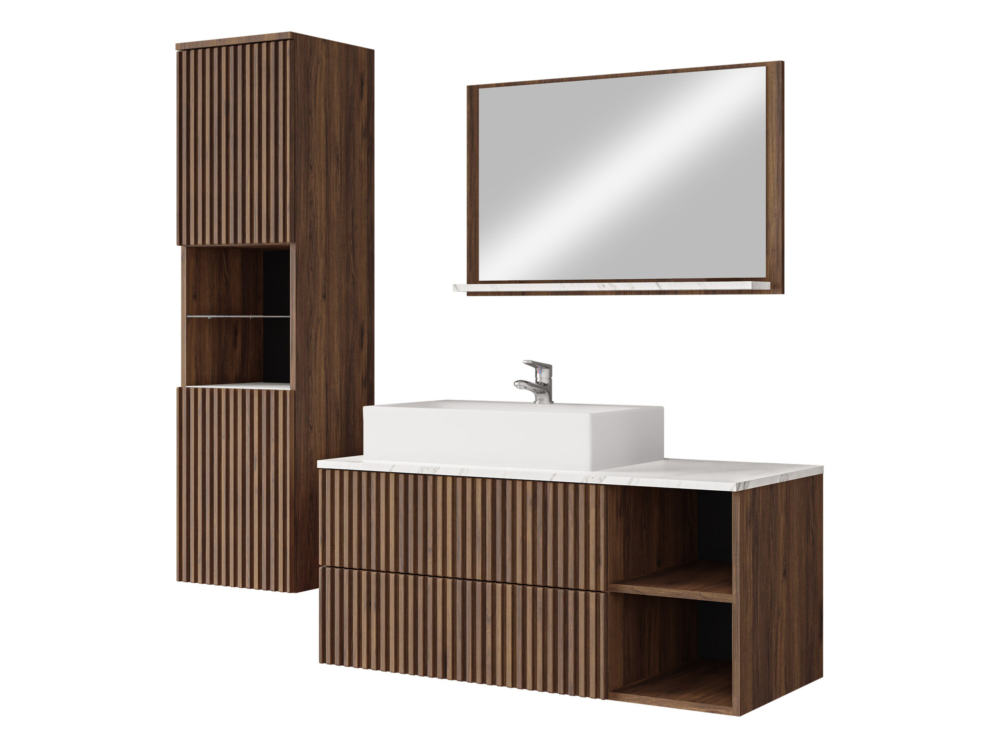 Badezimmer-Set Nauta I (Walnussholzoptik + Weisser Marmor)