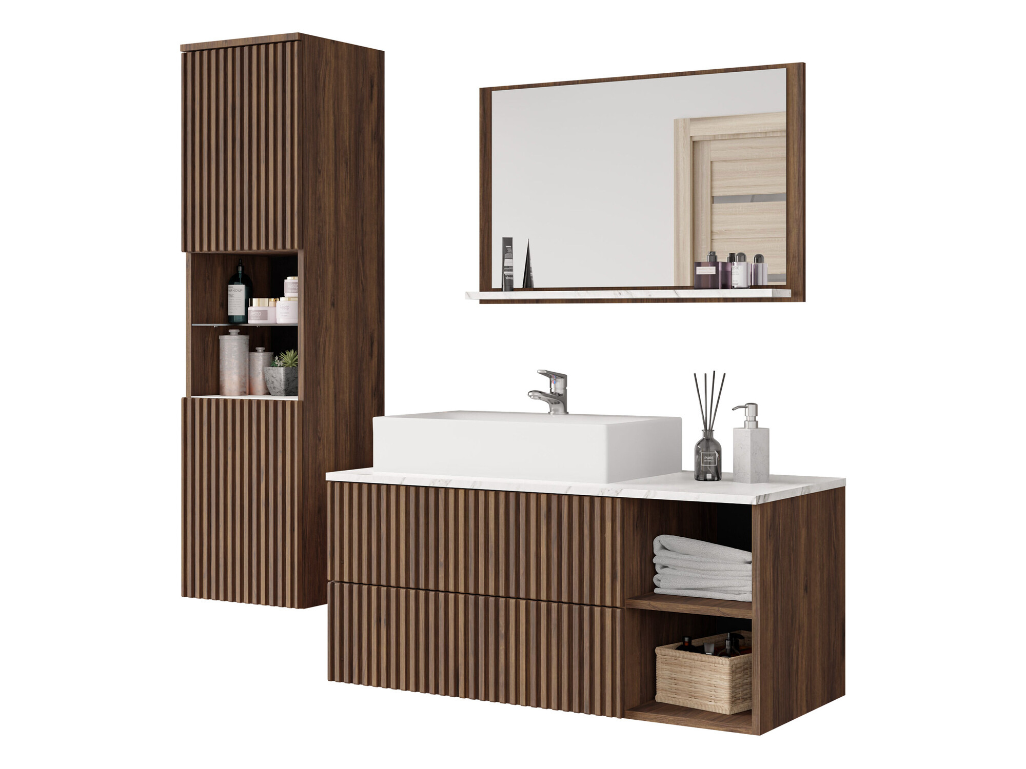 Badezimmer-Set Nauta I (Walnussholzoptik + Weisser Marmor)
