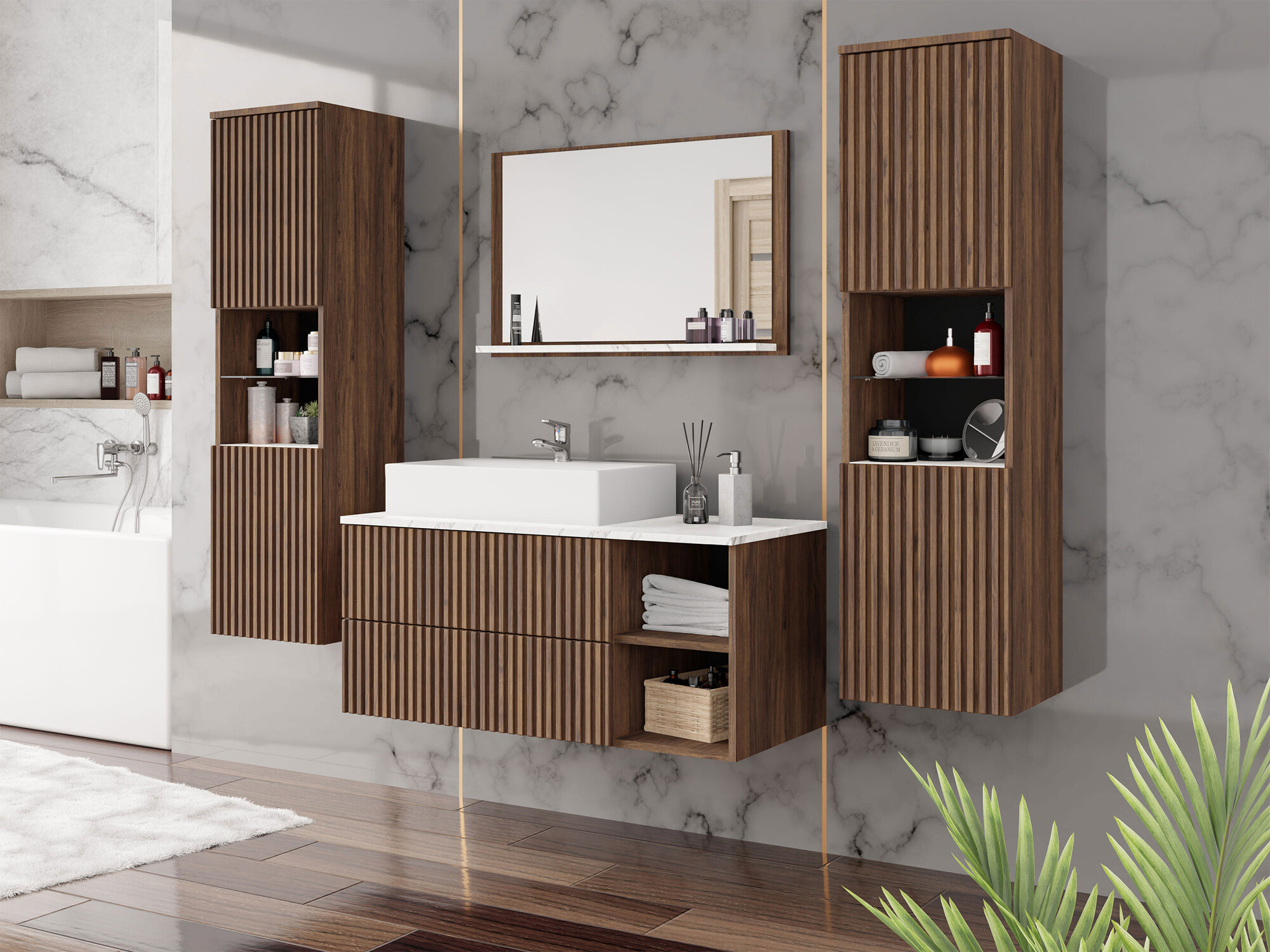 Badezimmer-Set Nauta II (Walnussholzoptik + Weisser Marmor)