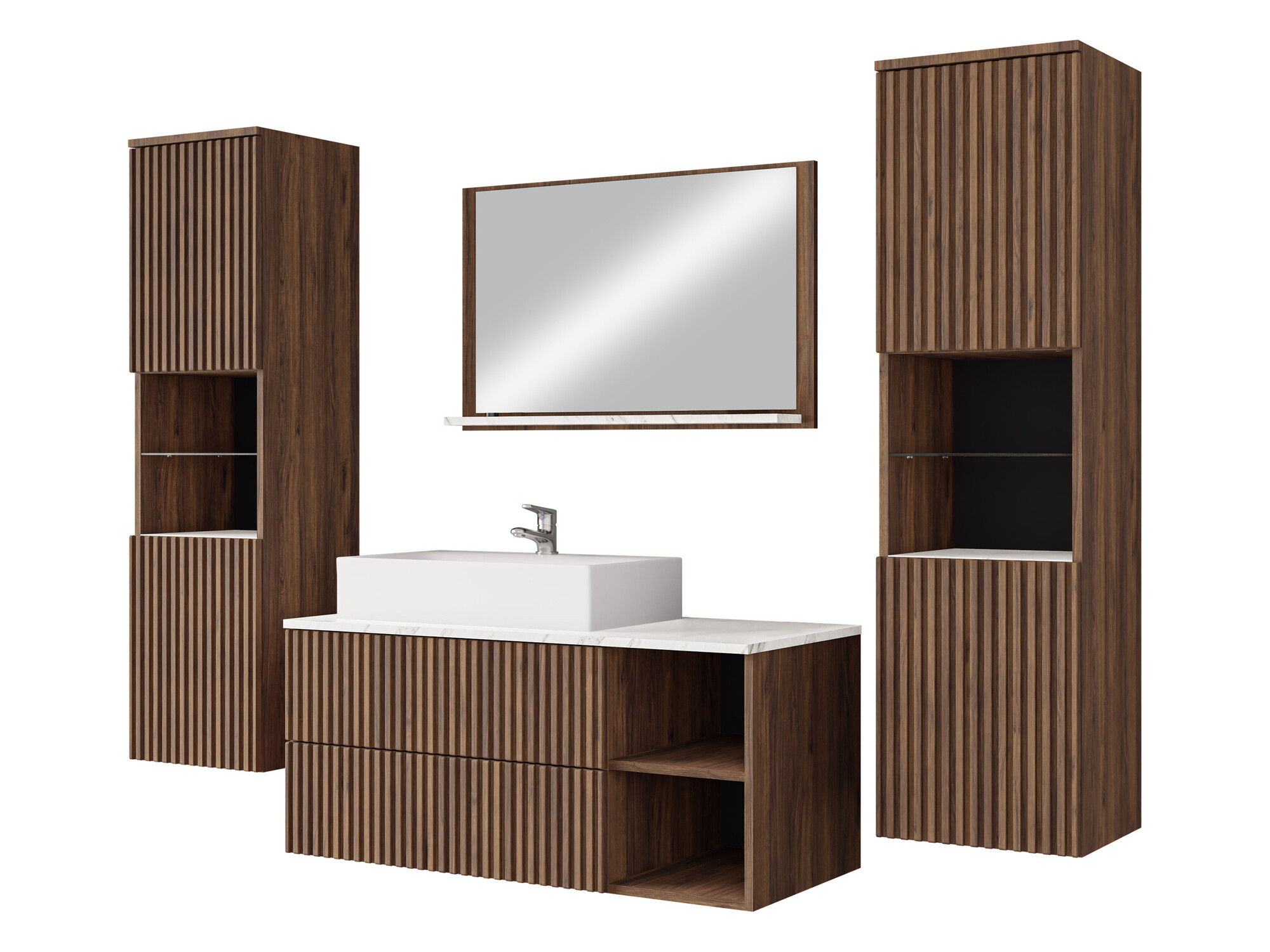 Badezimmer-Set Nauta II (Walnussholzoptik + Weisser Marmor)
