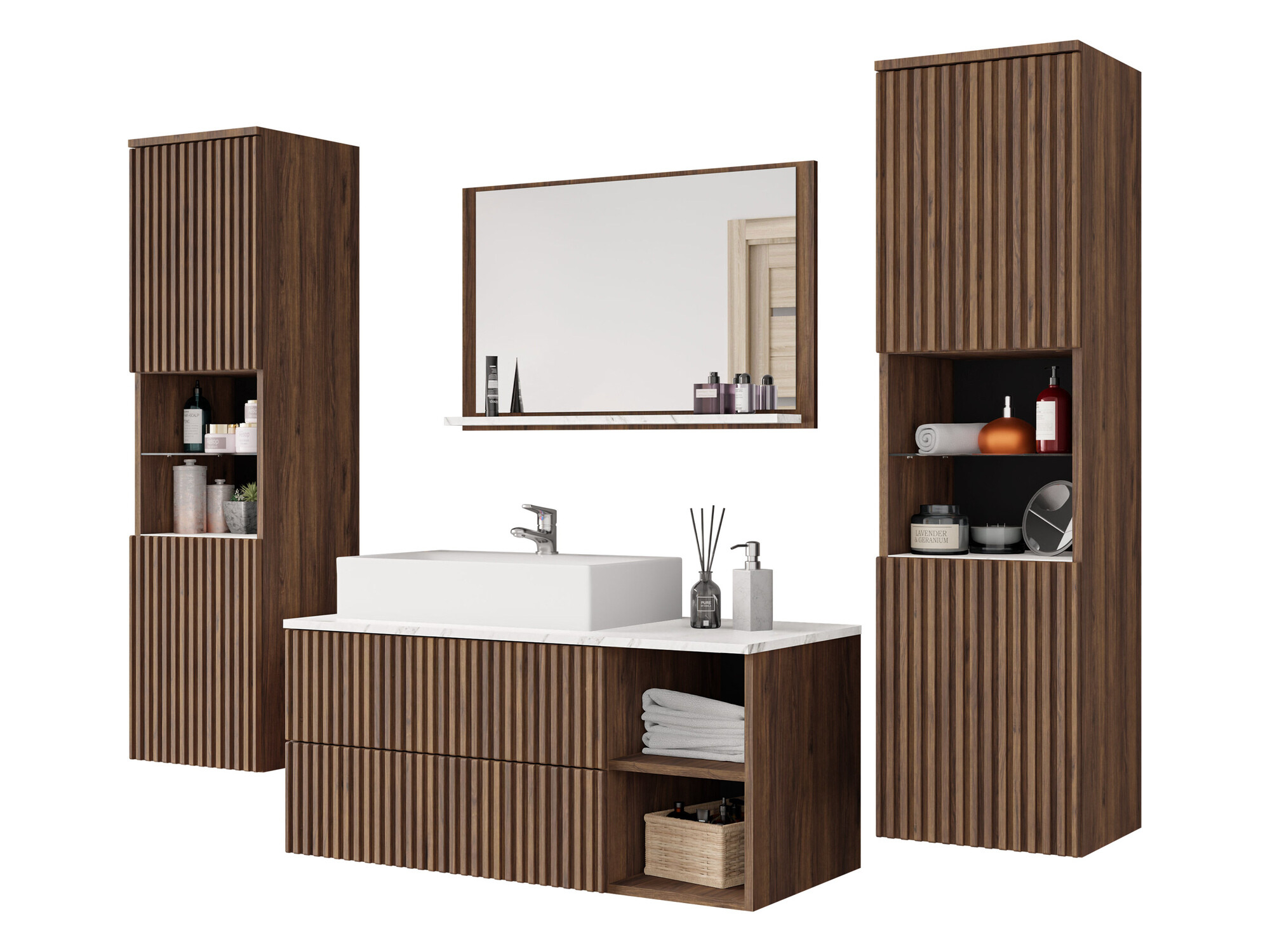 Badezimmer-Set Ophruvi 105 (Walnussholzoptik + Weisser Marmor)